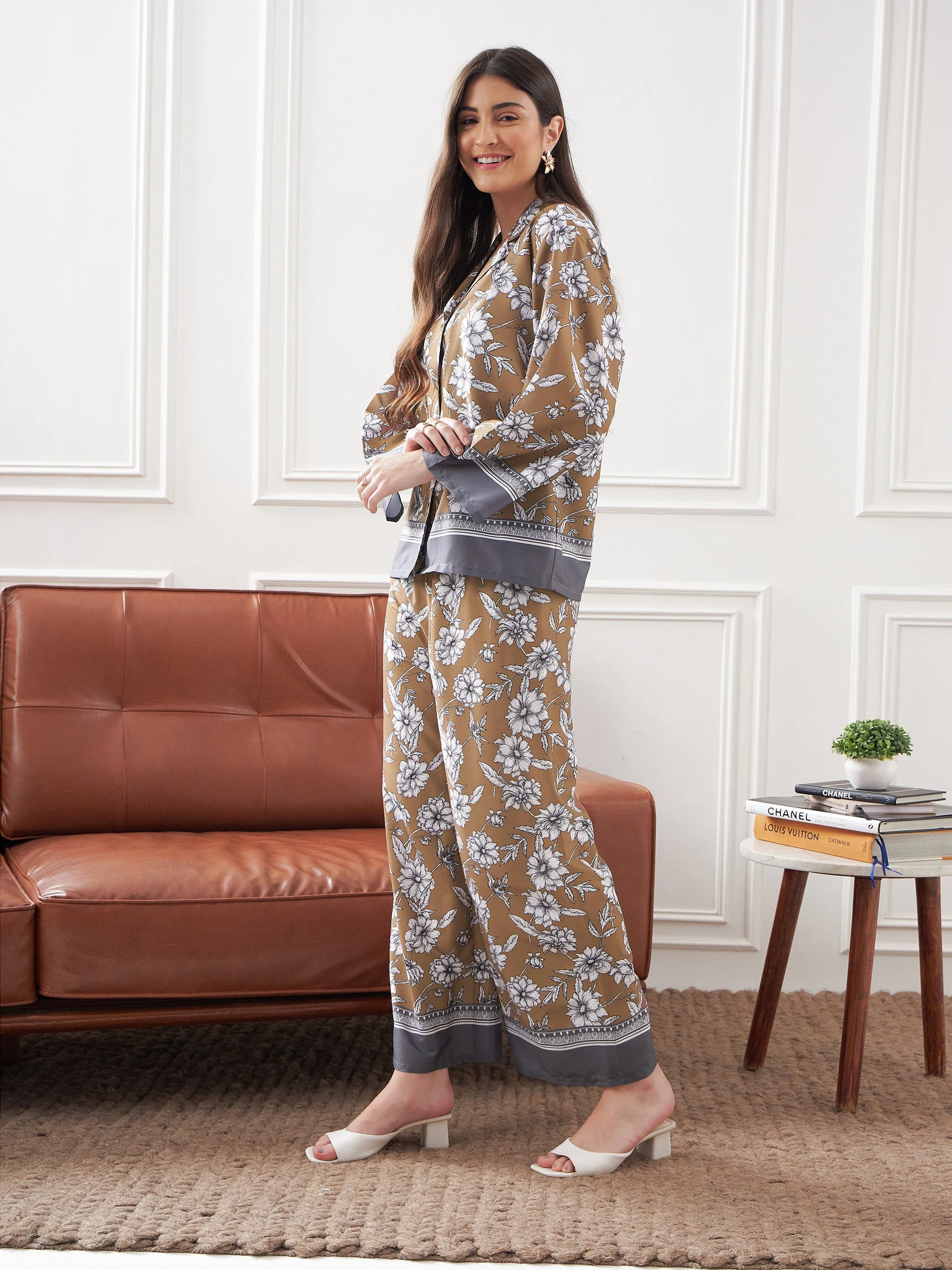 Women Brown & Grey Floral Notch Collar Shirt With Lounge Pants - Image 3