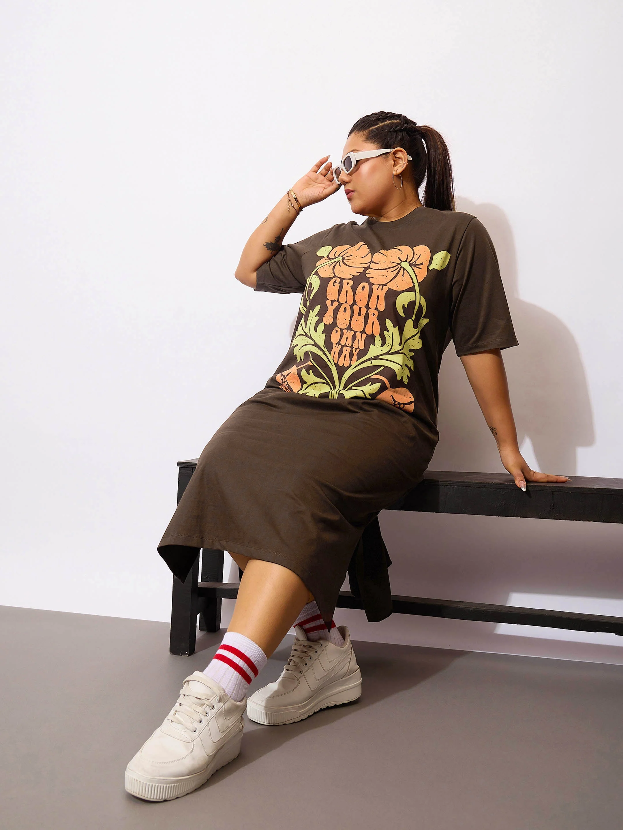 Women Brown GROW YOUR OWN WAY T Shirt Dress - Image 2