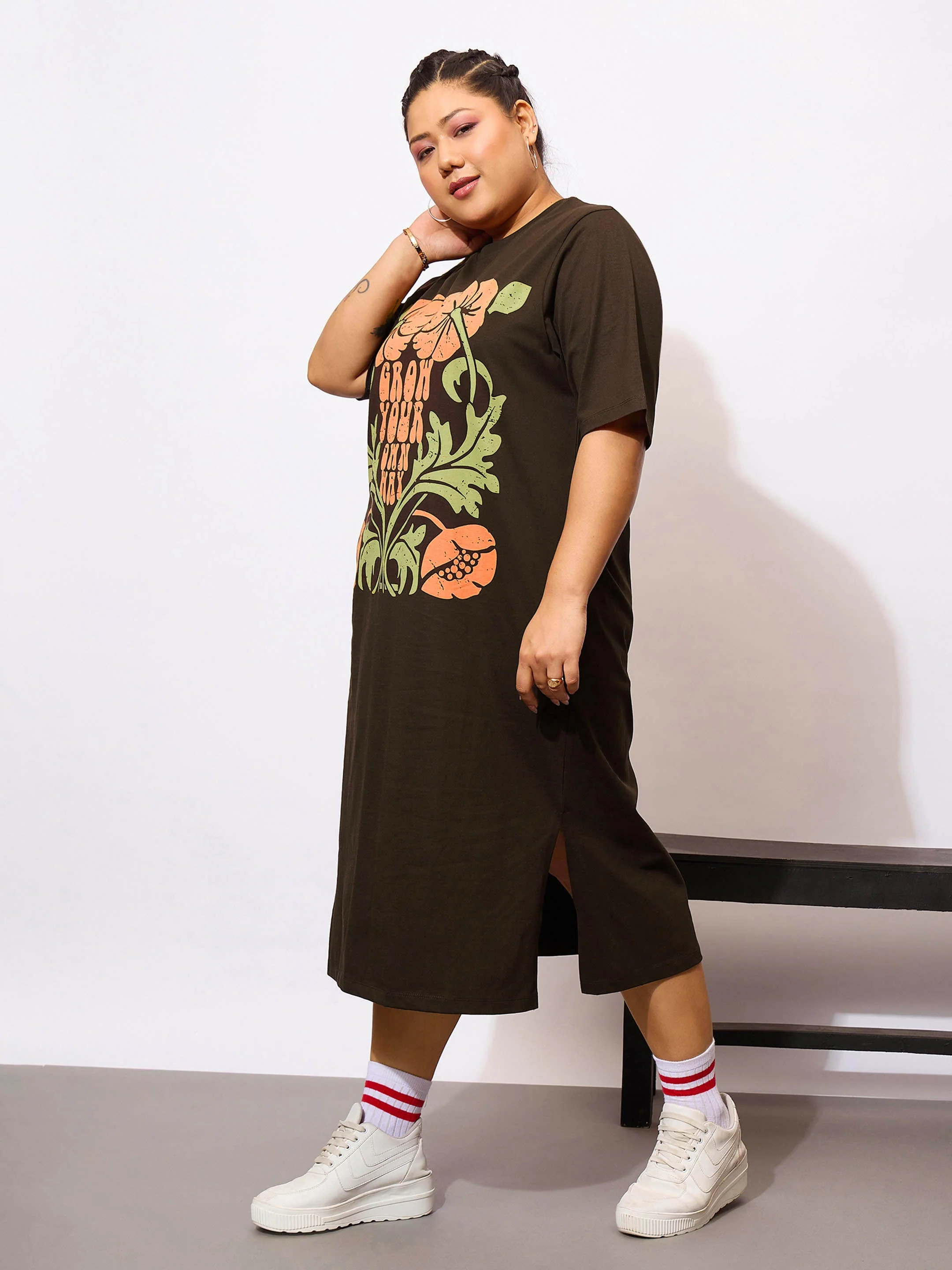 Women Brown GROW YOUR OWN WAY T Shirt Dress - Image 3