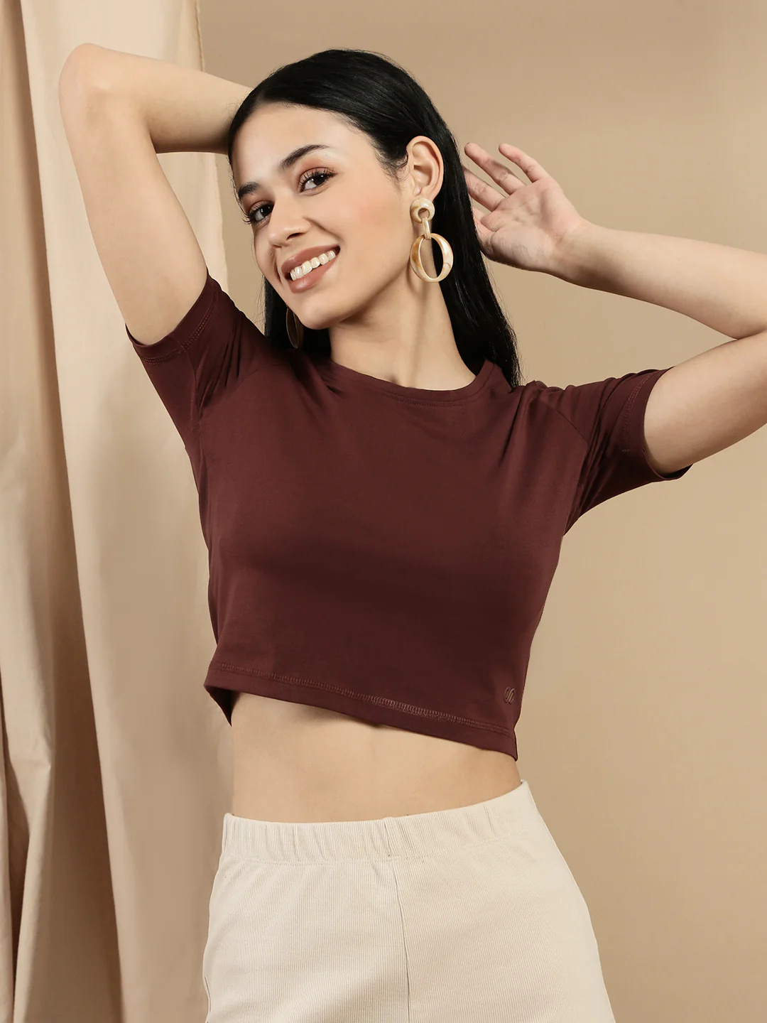 Women Brown Half Sleeve Crop Top - Image 2