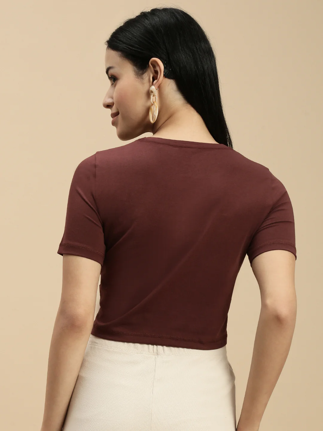Women Brown Half Sleeve Crop Top - Image 3