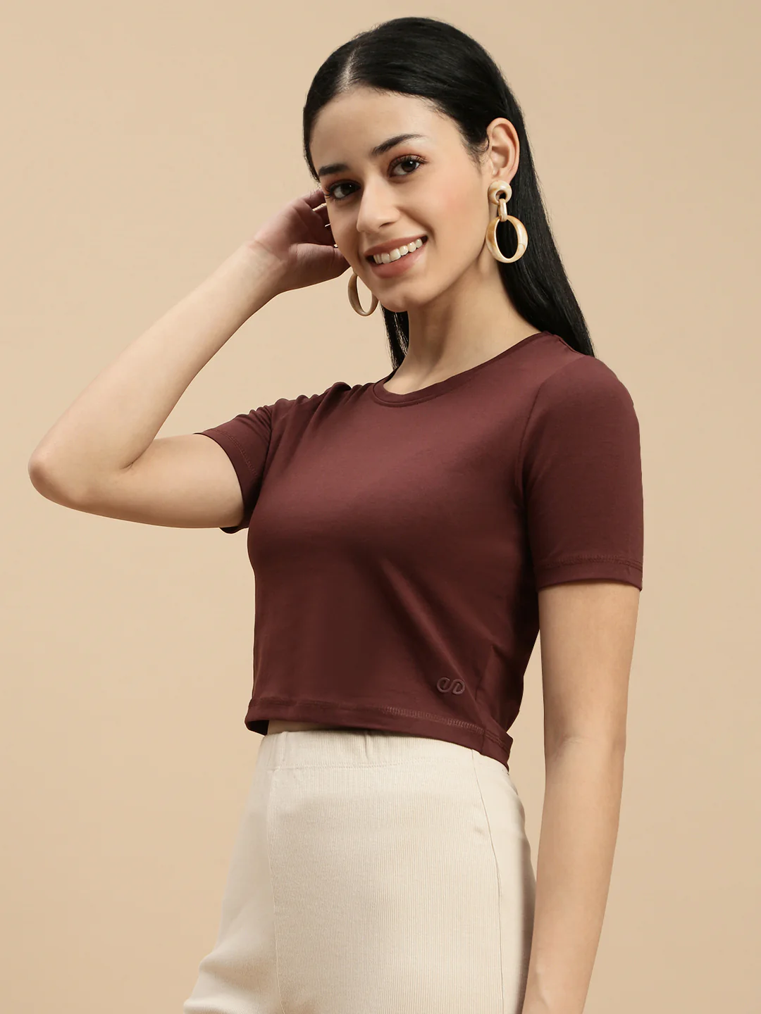 Women Brown Half Sleeve Crop Top - Image 5