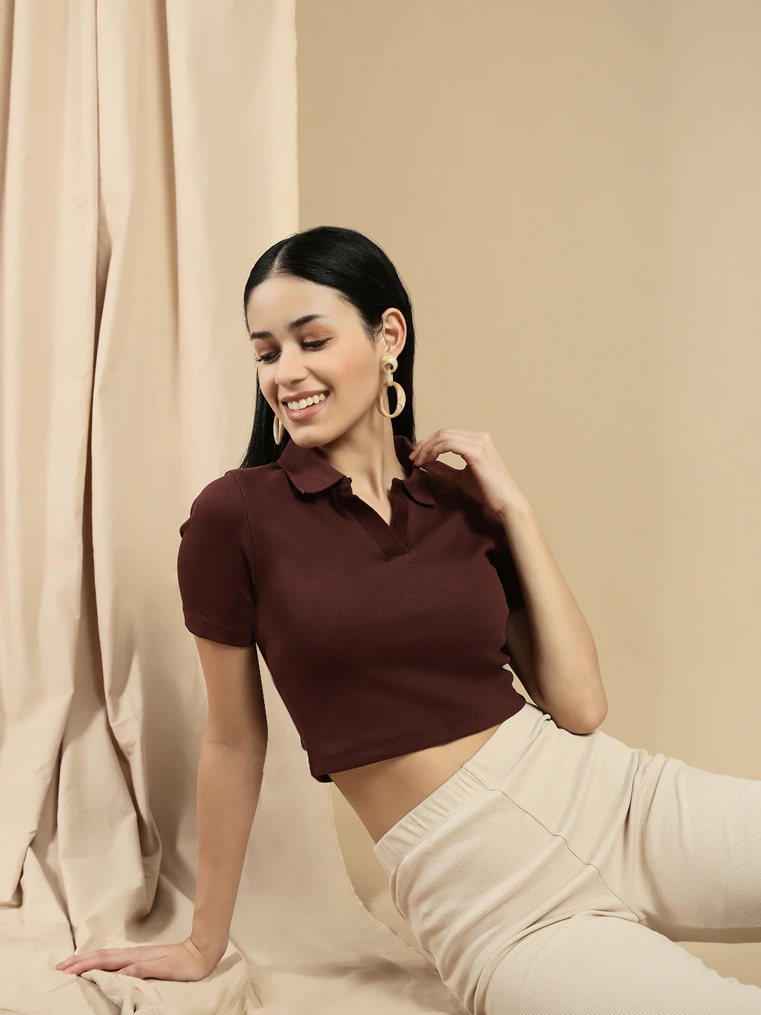 Women Brown Half Sleeve Crop Top - Image 5