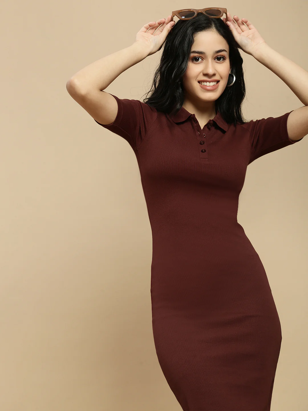 Women Brown Half Sleeve Dress - Image 2