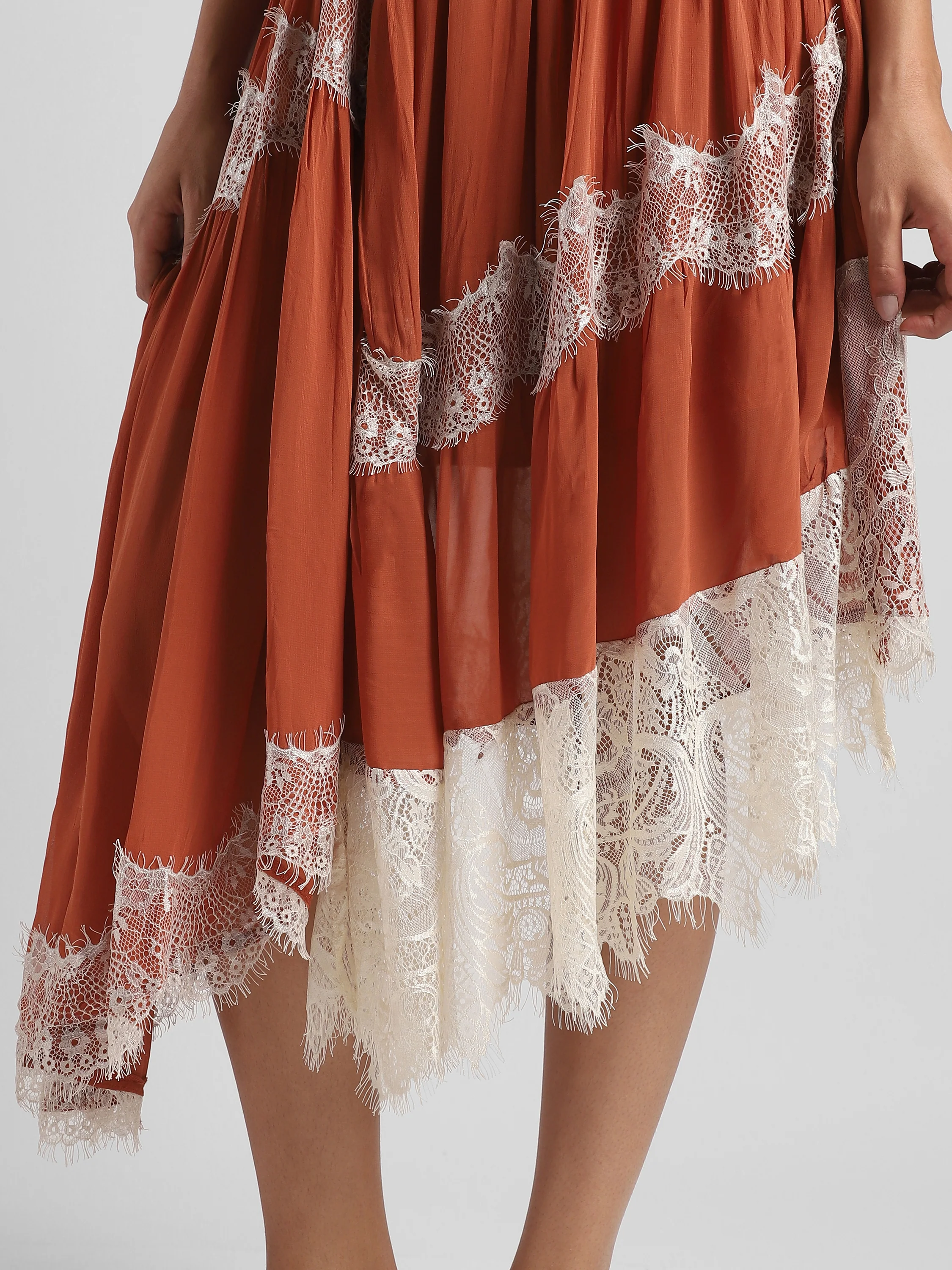Women Brown high low hem dress with lace inserts - Image 5