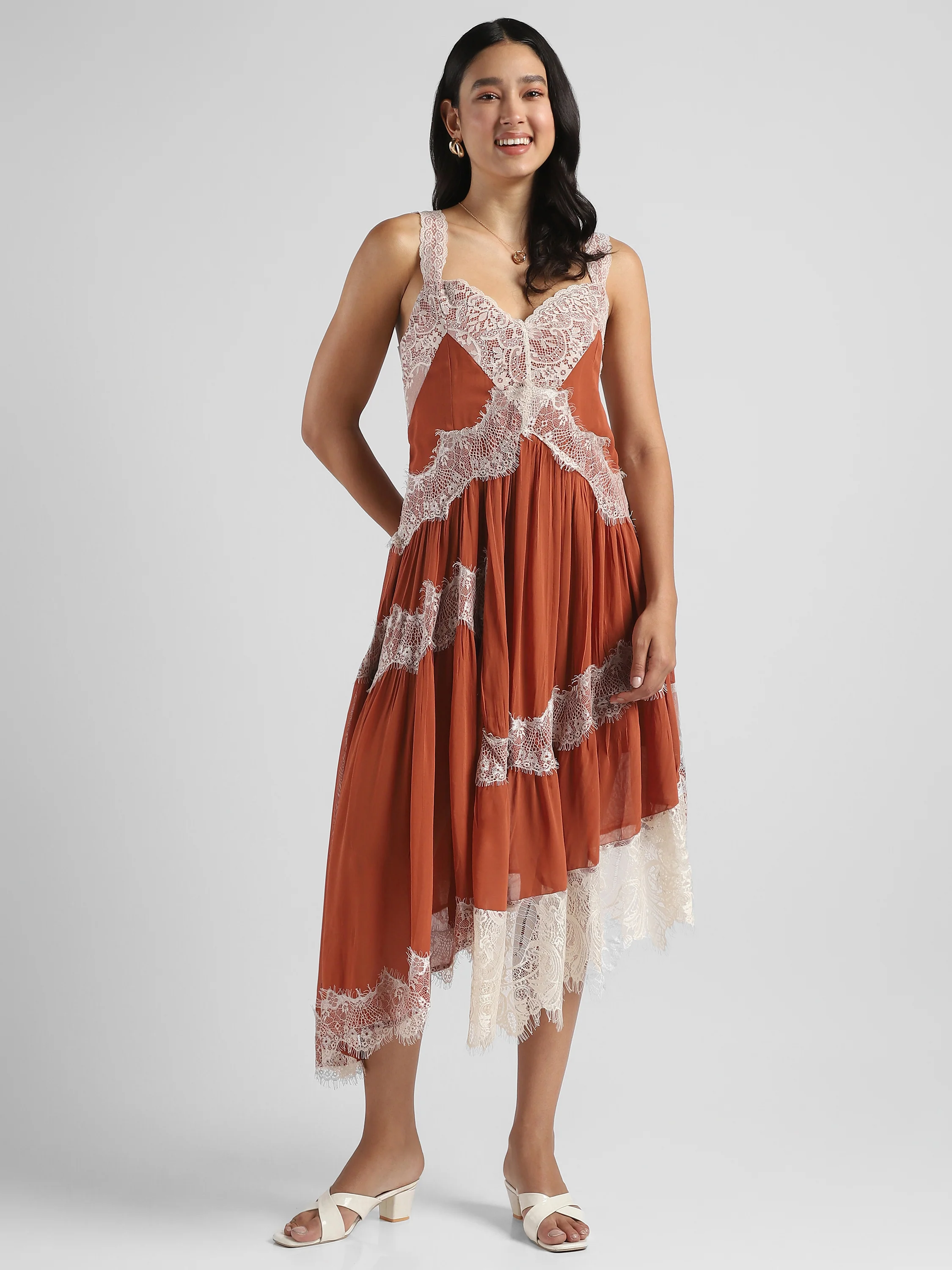 Women Brown high low hem dress with lace inserts - Image 6