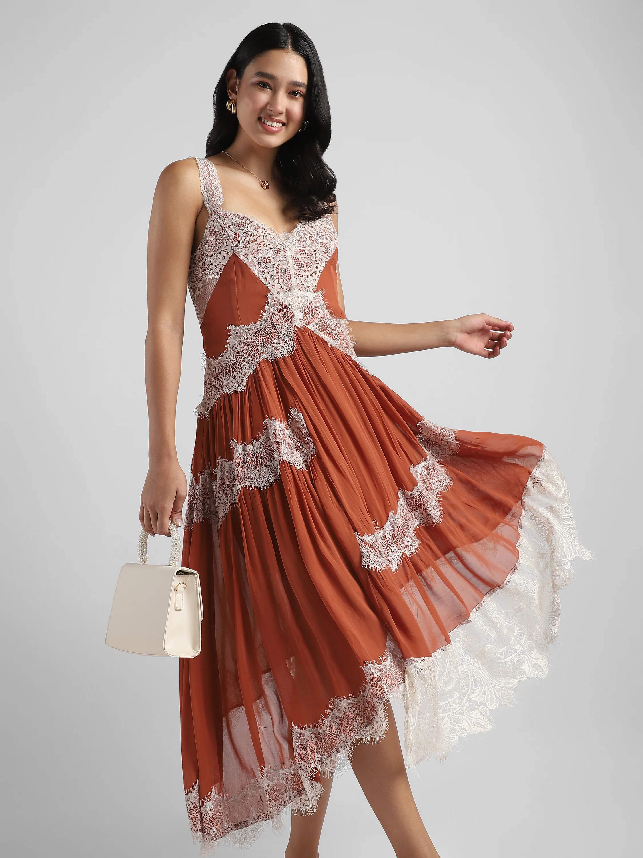 Women Brown high low hem dress with lace inserts - Image 7