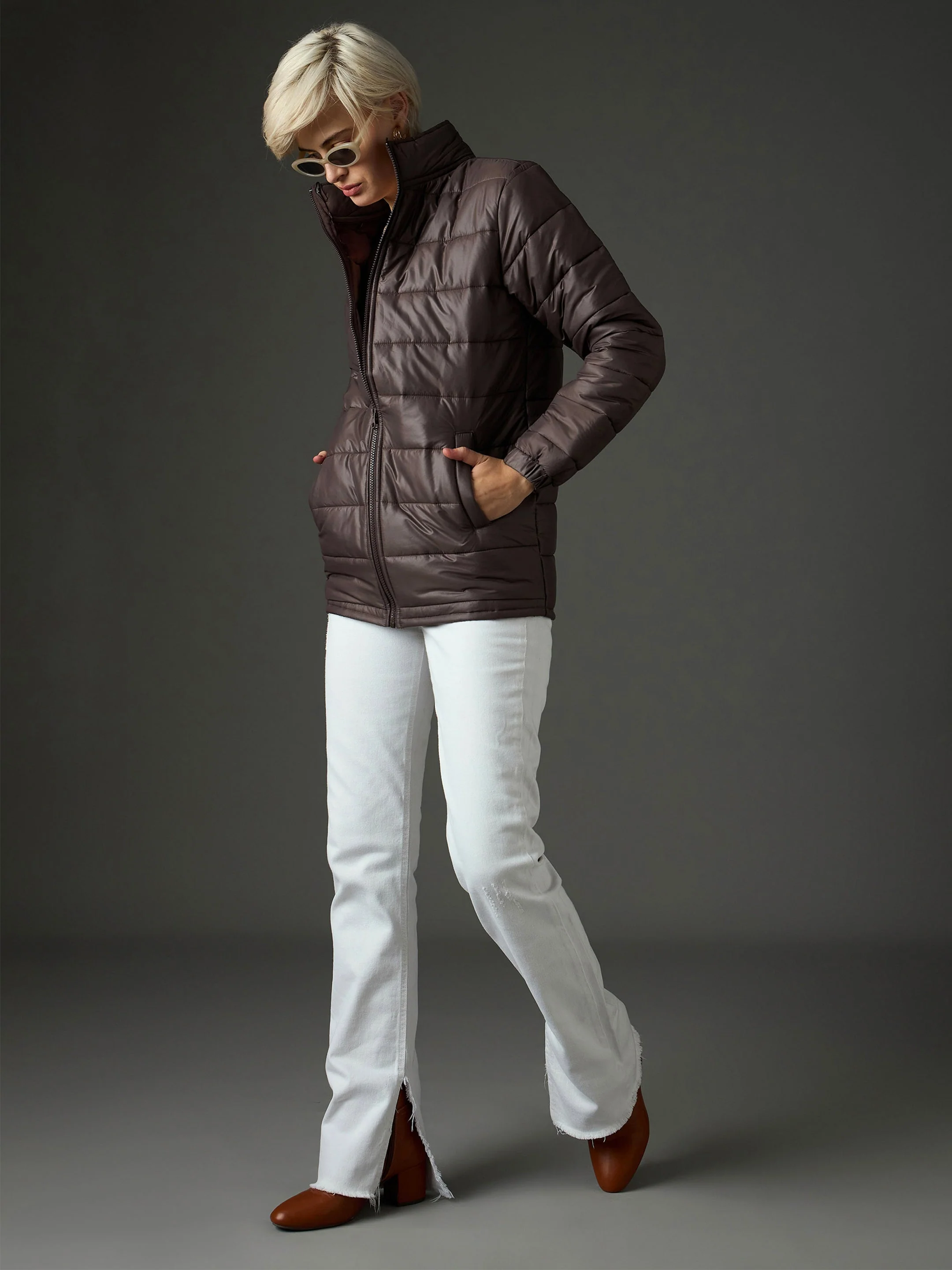 Women Brown High Neck Horizontal Quilt Puffer Jacket - Image 2