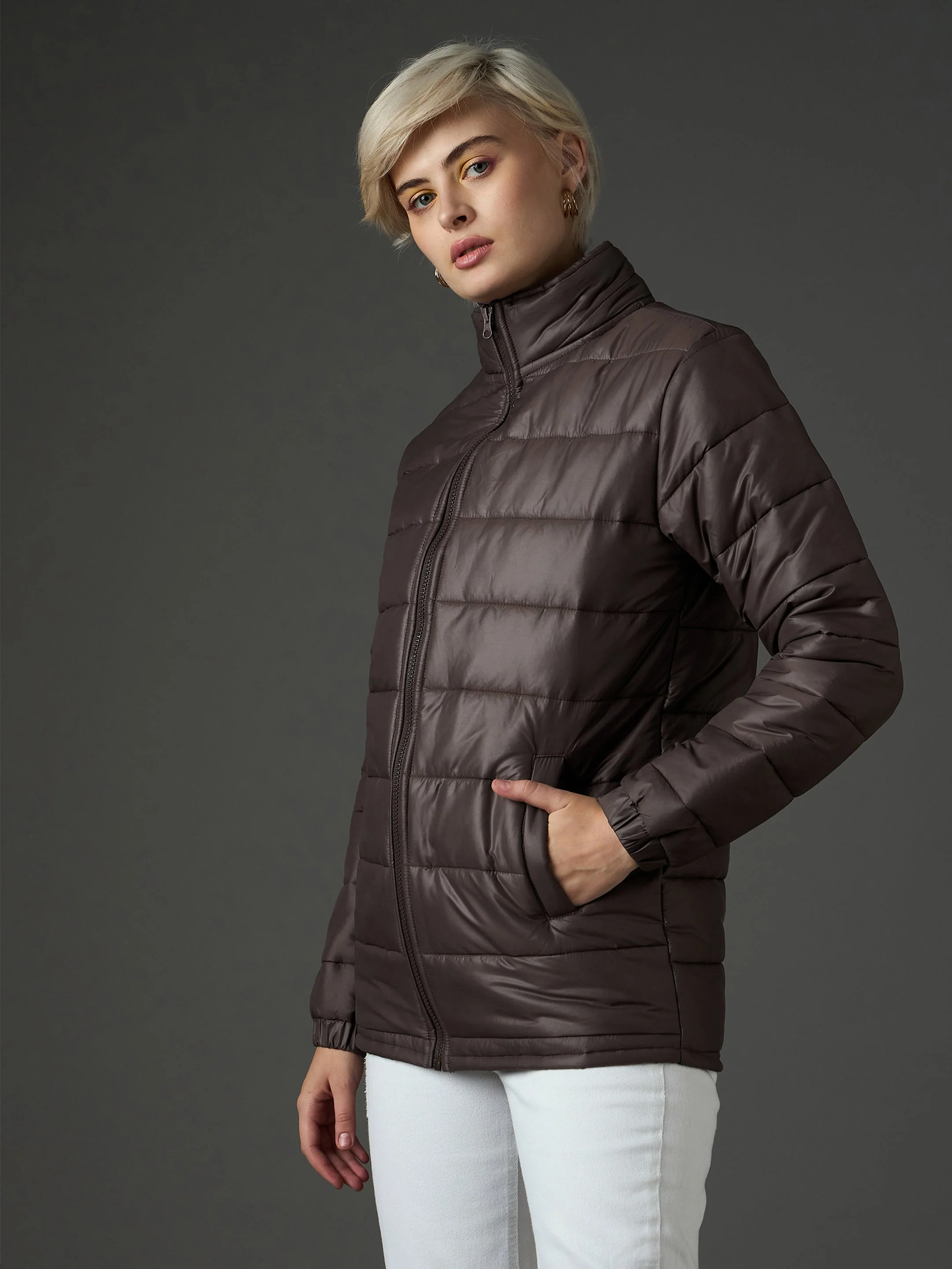 Women Brown High Neck Horizontal Quilt Puffer Jacket - Image 3