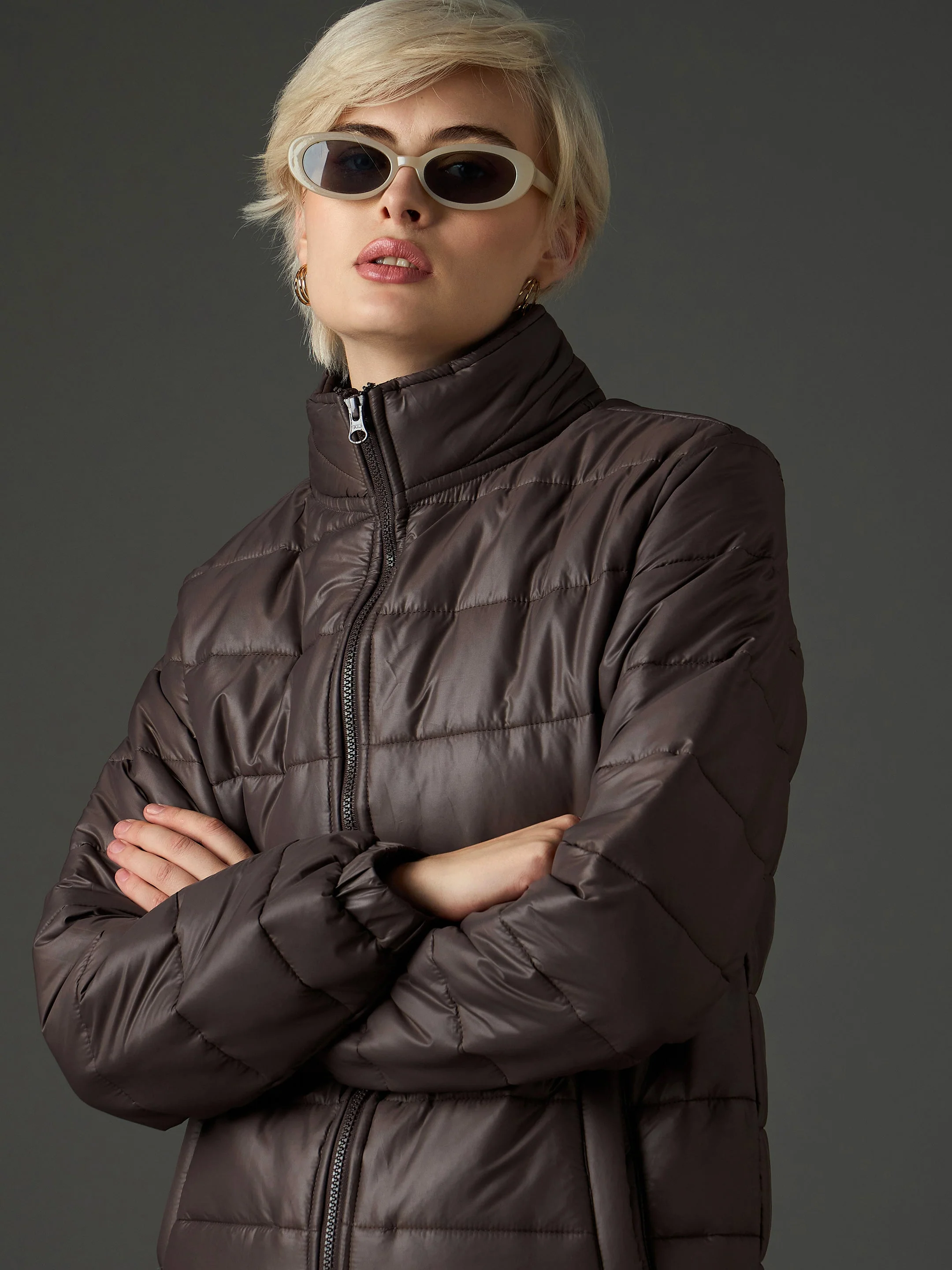 Women Brown High Neck Horizontal Quilt Puffer Jacket - Image 4