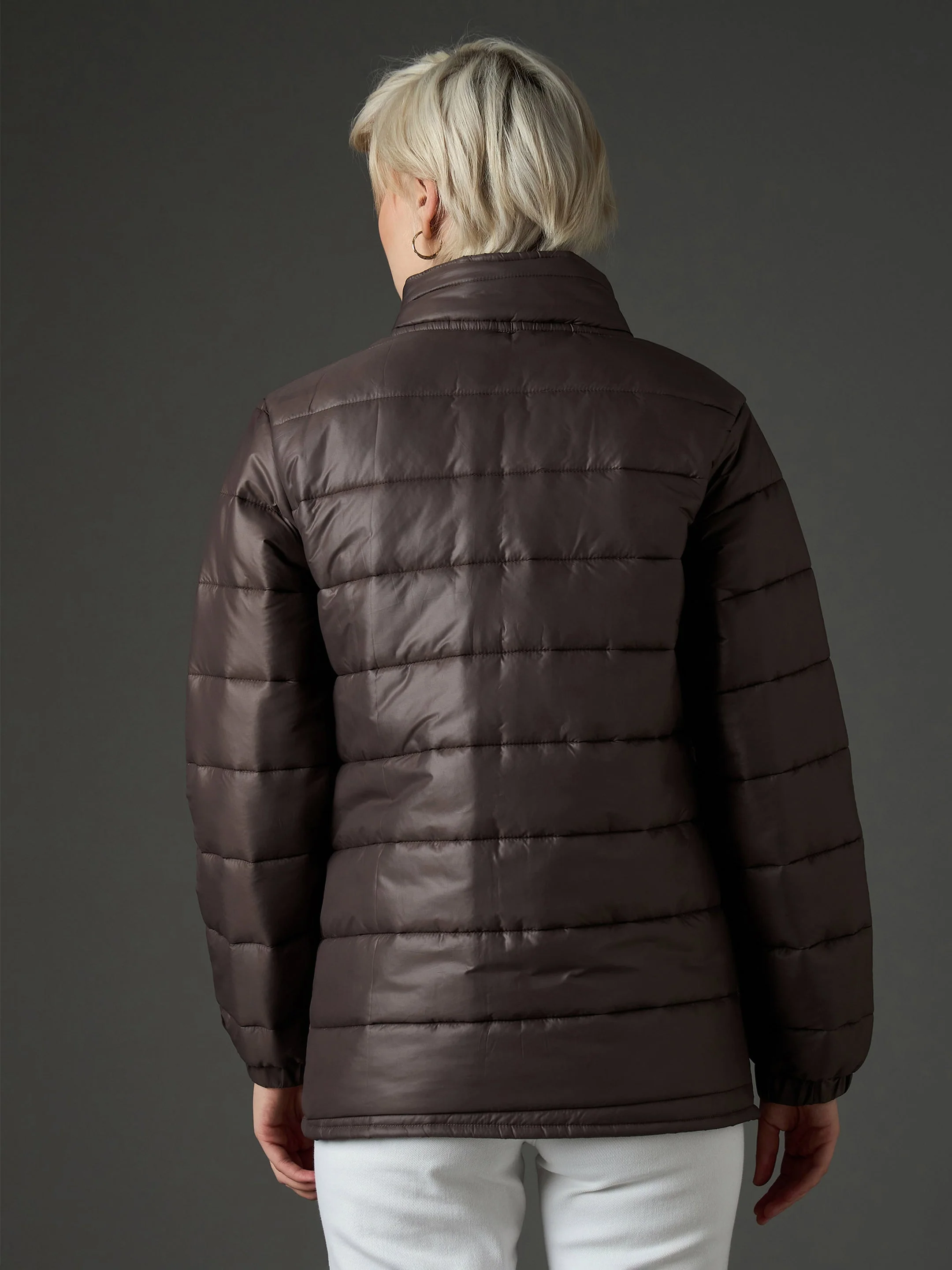 Women Brown High Neck Horizontal Quilt Puffer Jacket - Image 5