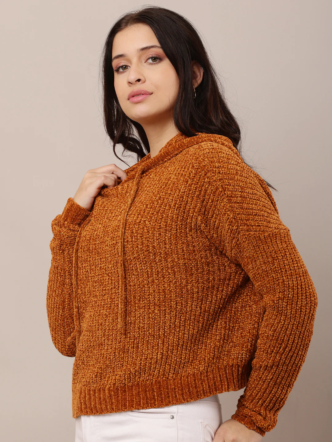 Women Brown Hooded Knitted Sweatshirt - Image 2