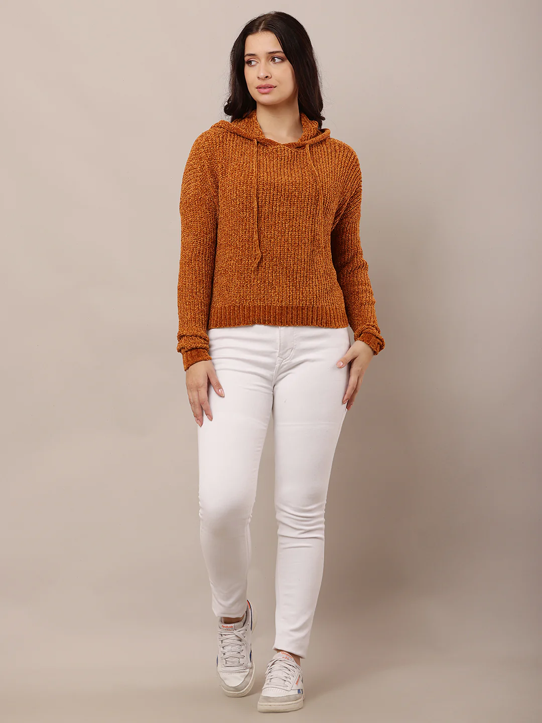 Women Brown Hooded Knitted Sweatshirt - Image 3