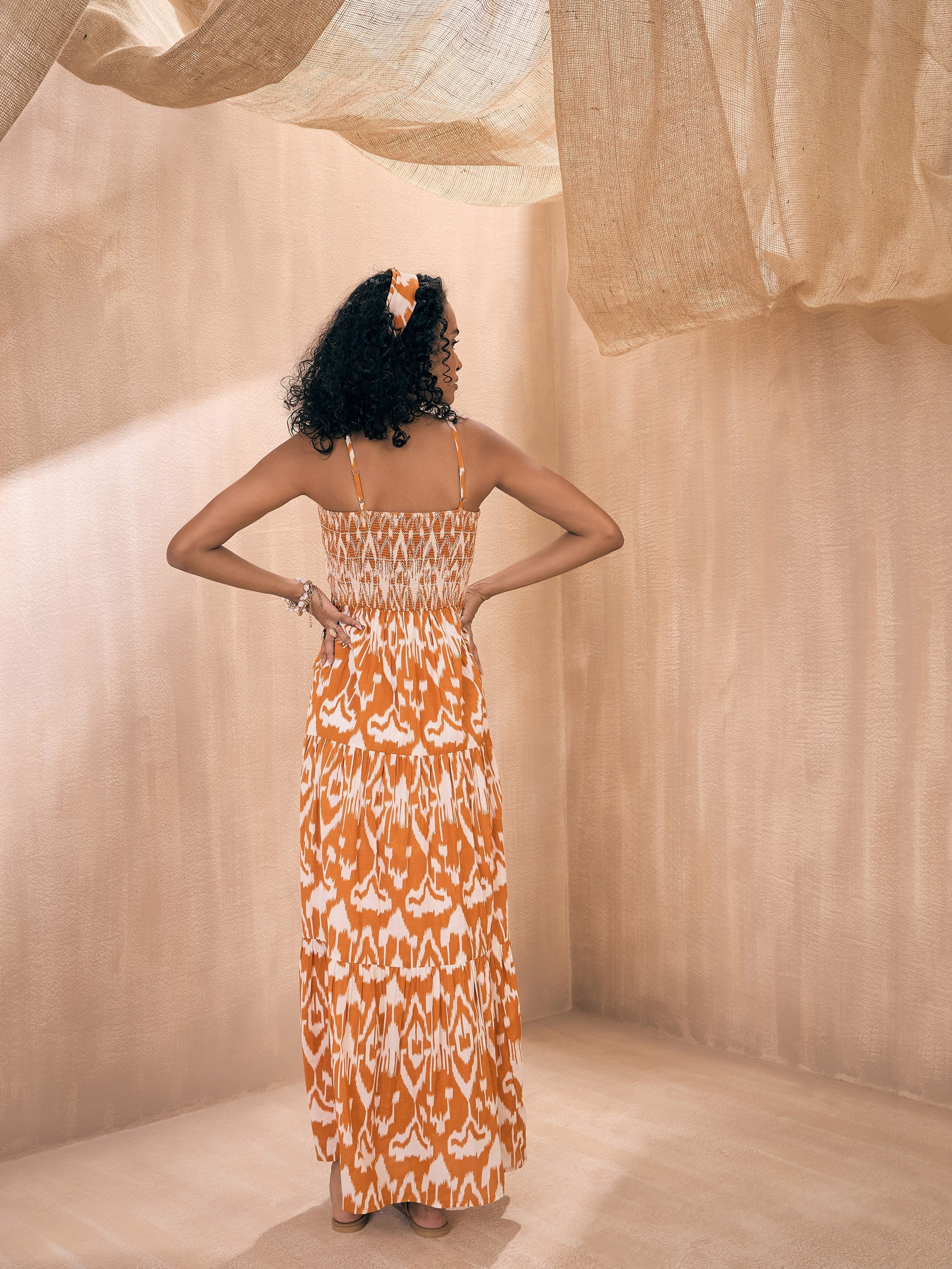 Women Brown Ikat Printed Smocked Bust Tiered Maxi - Image 2