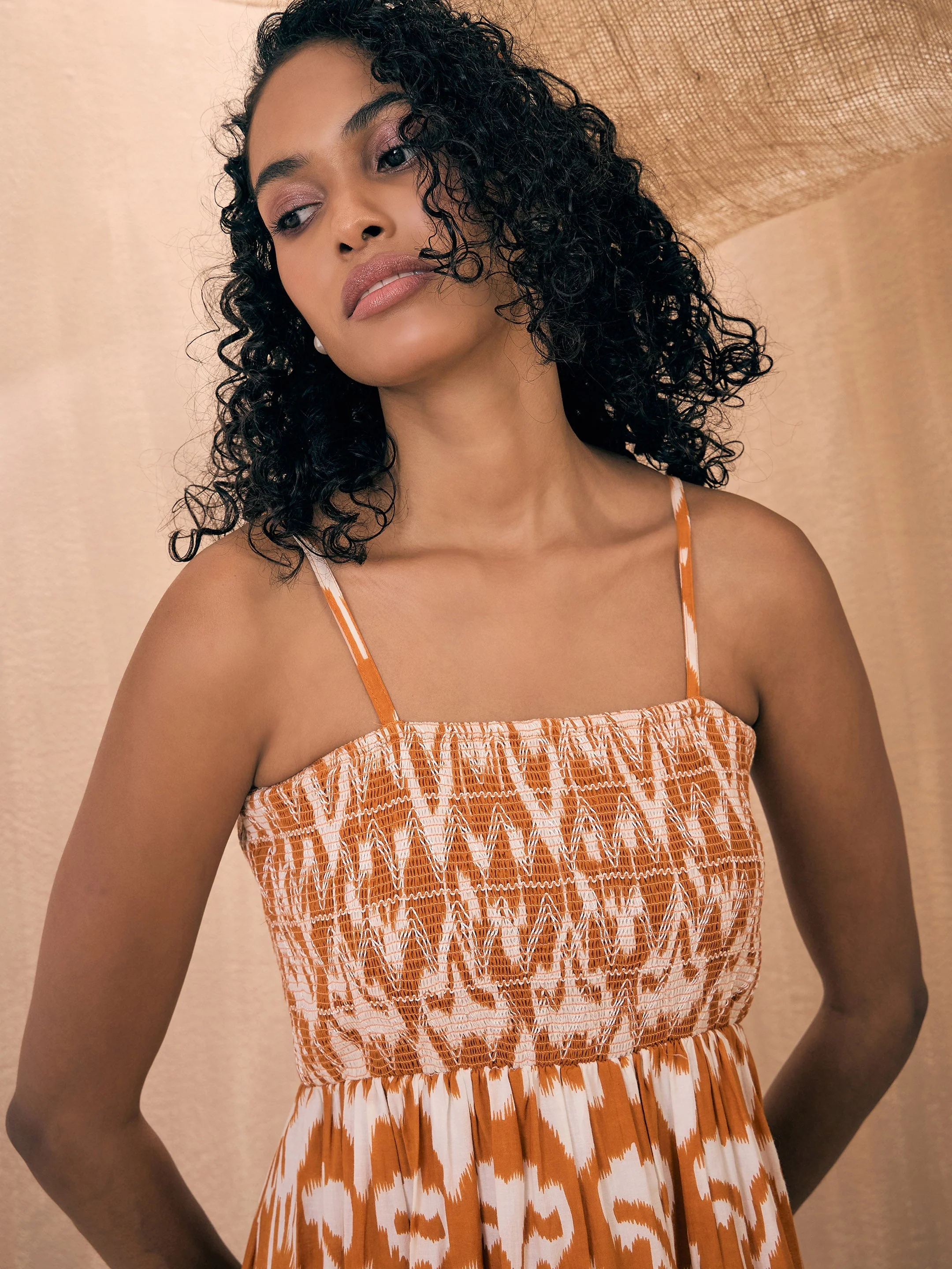 Women Brown Ikat Printed Smocked Bust Tiered Maxi - Image 3