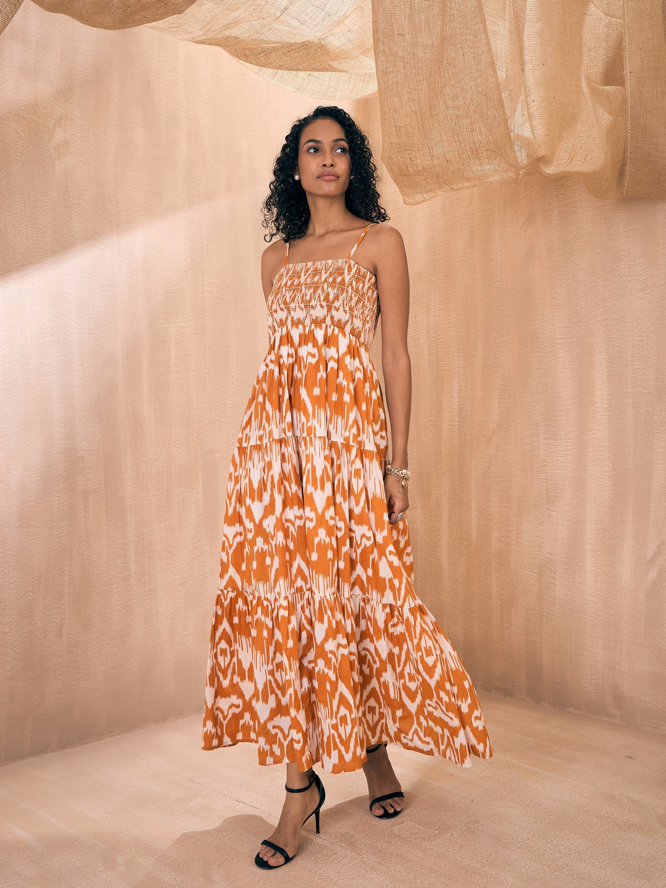 Women Brown Ikat Printed Smocked Bust Tiered Maxi - Image 4