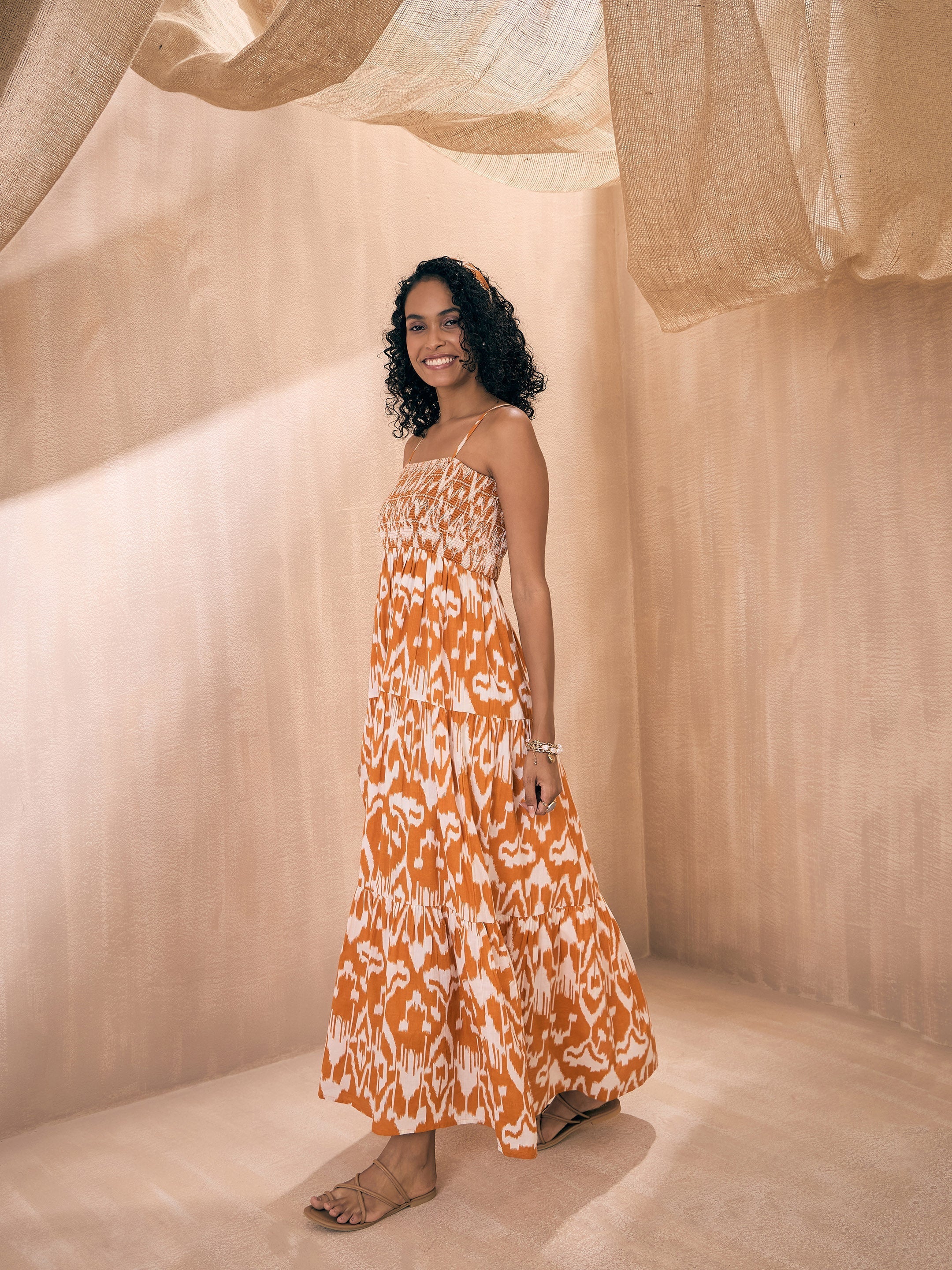 Women Brown Ikat Printed Smocked Bust Tiered Maxi - Image 5