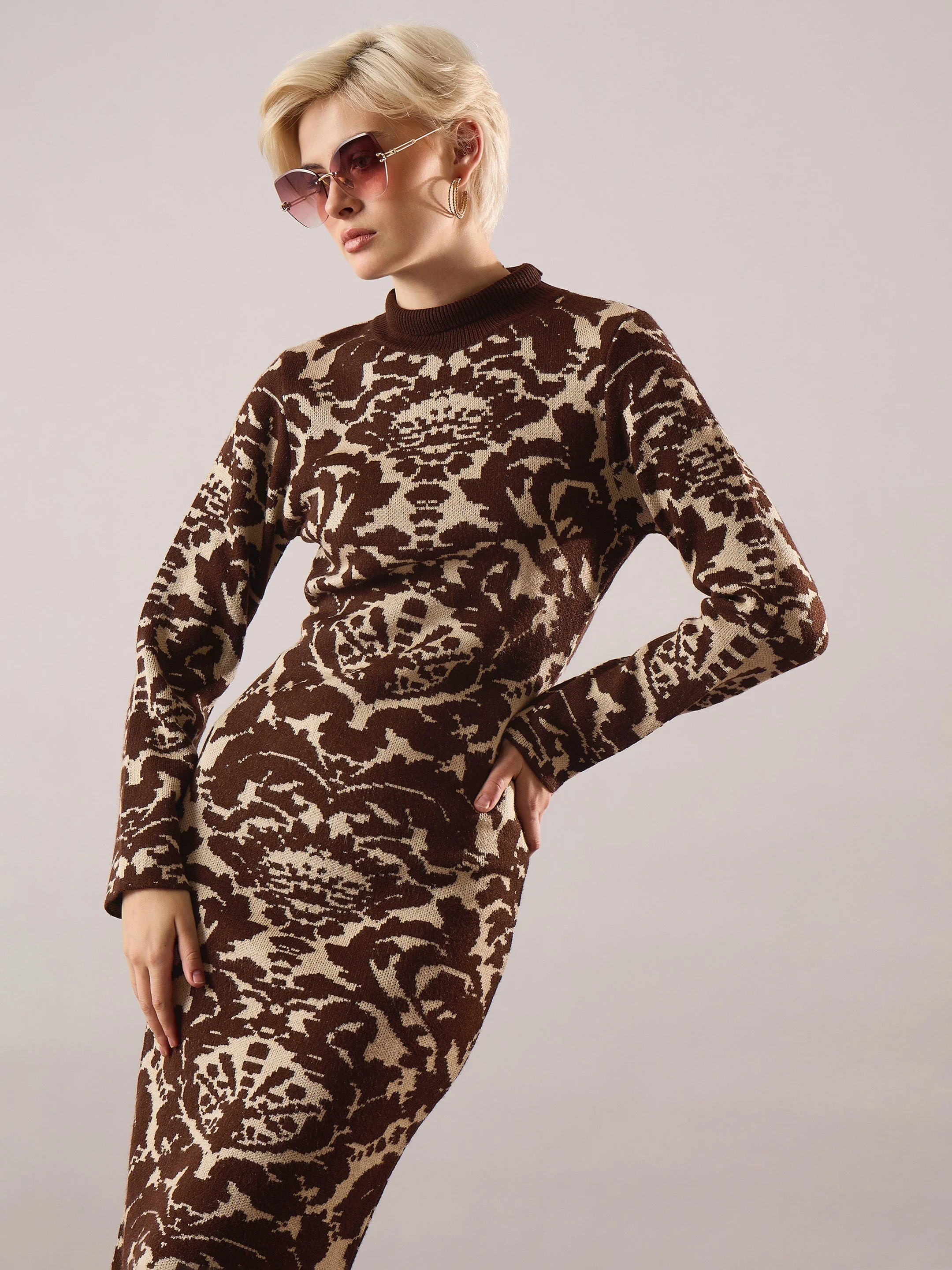 Women Brown Jaquard Acrylic Wool High Neck Hem Frindge Midi Dress - Image 2