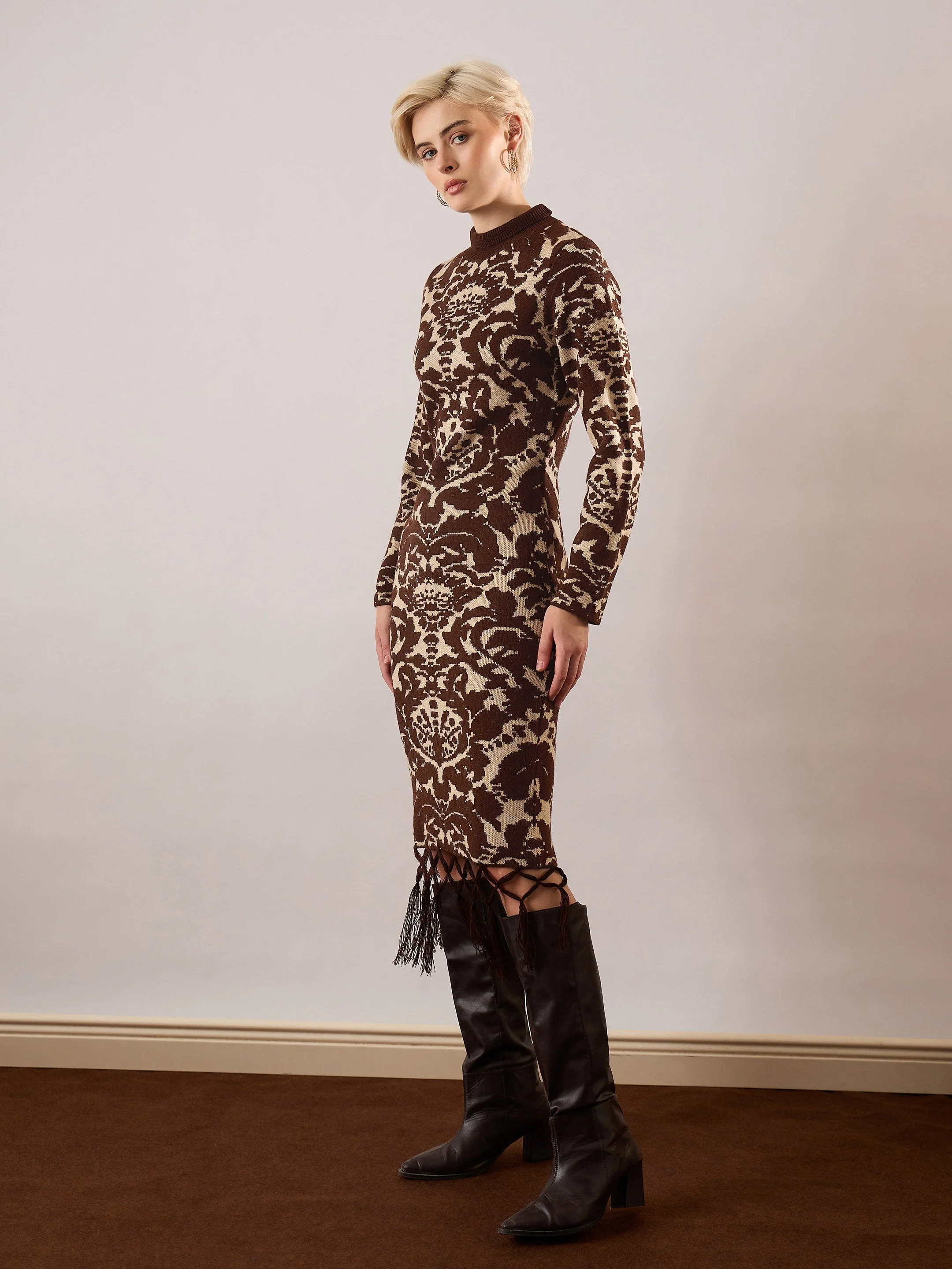 Women Brown Jaquard Acrylic Wool High Neck Hem Frindge Midi Dress - Image 3