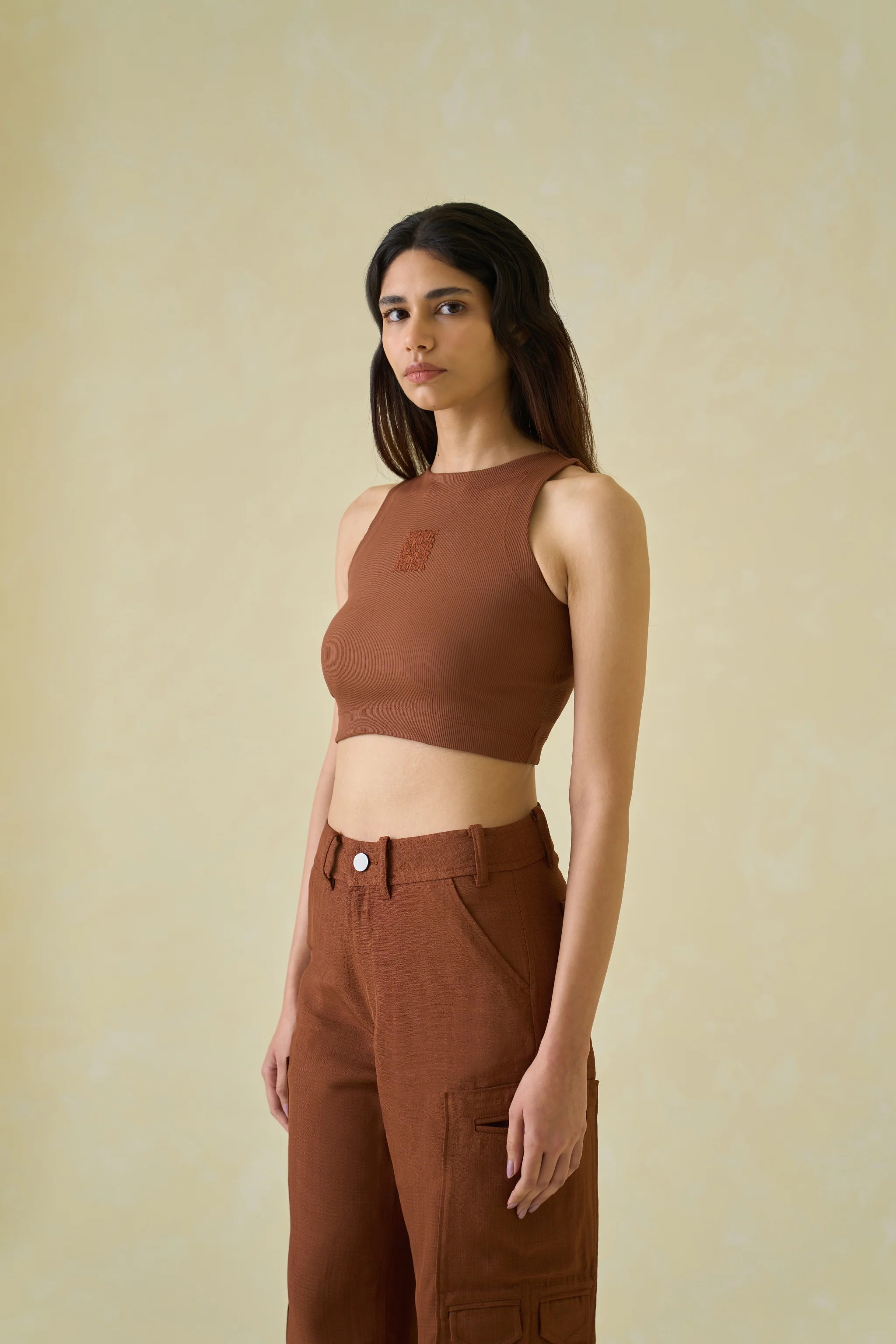 Women Brown Kolam Cropped Cotton Tank Top - Image 2