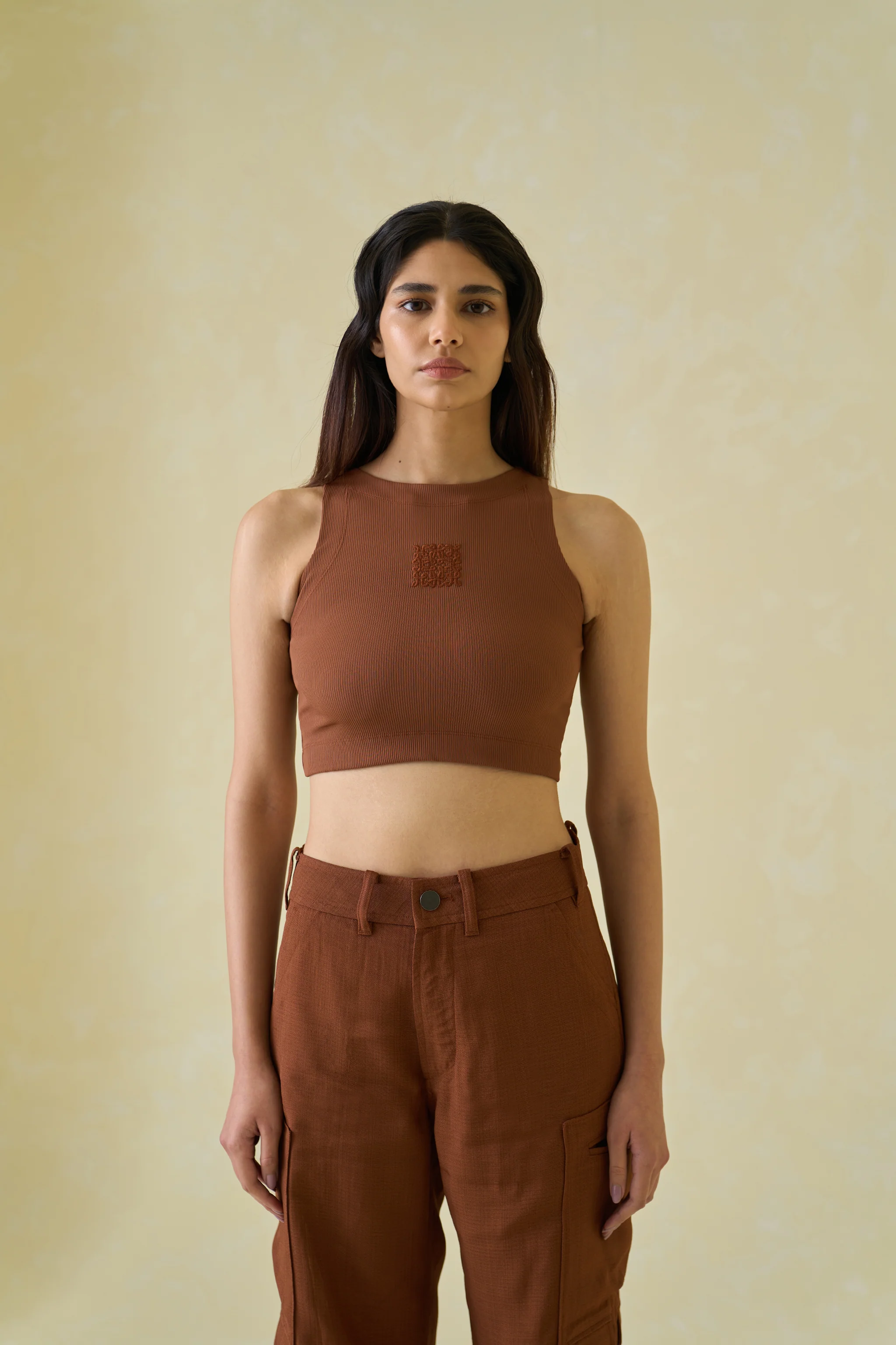 Women Brown Kolam Cropped Cotton Tank Top - Image 3