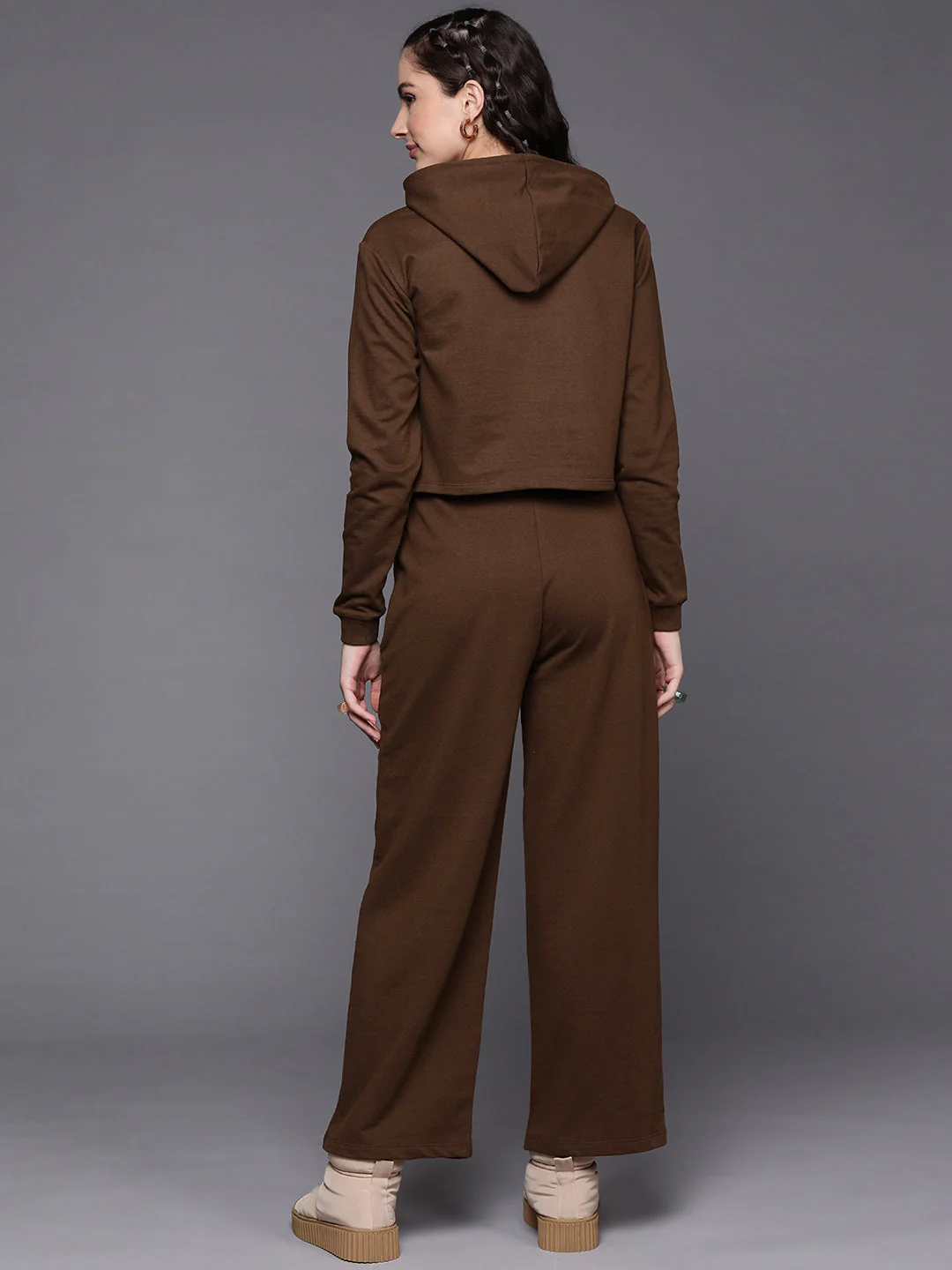 Women Brown Line Art Crop Hoodie With Track Pants - Image 5