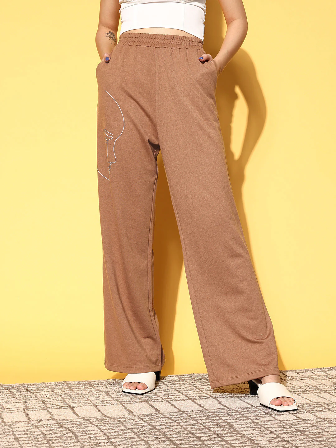 Women Brown Line Art Wide Leg Terry Track Pants - Image 2