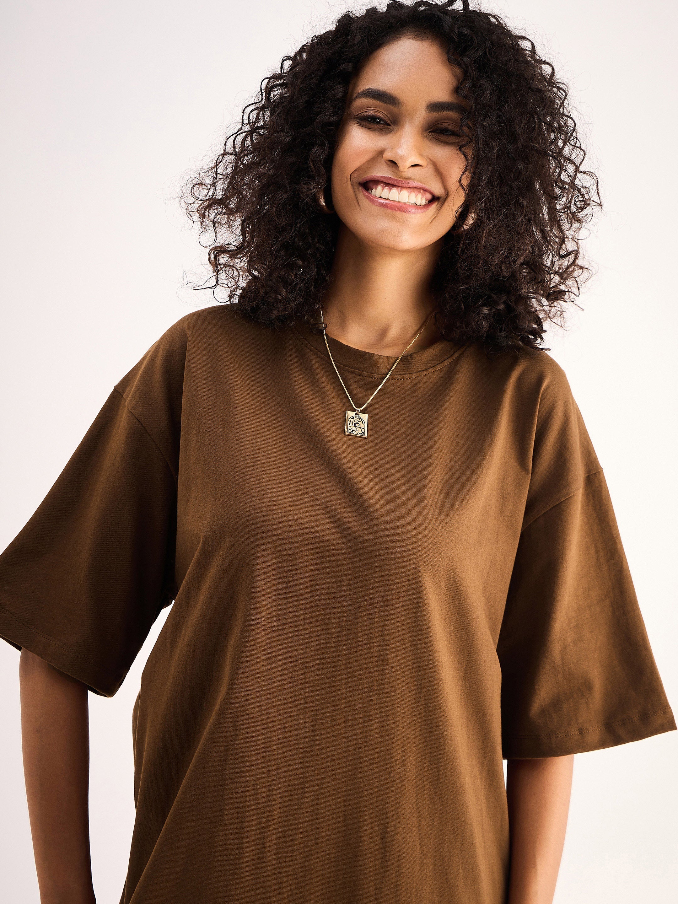 Women Brown Oversized T-Shirt Dress - Image 3