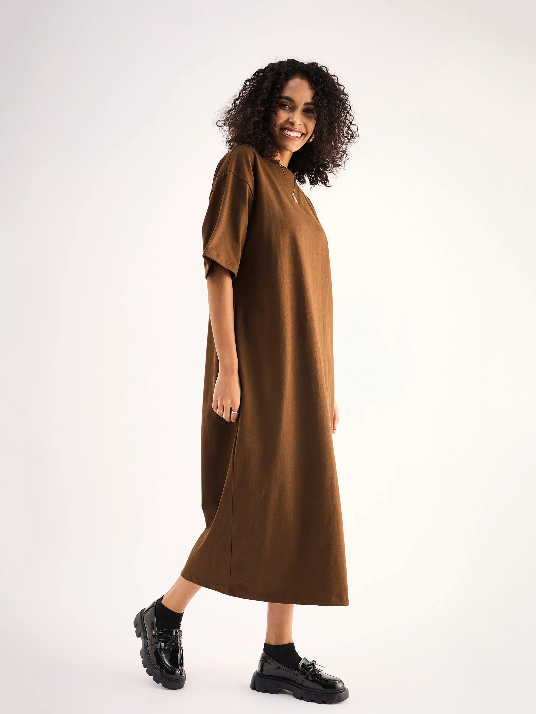 Women Brown Oversized T-Shirt Dress - Image 5