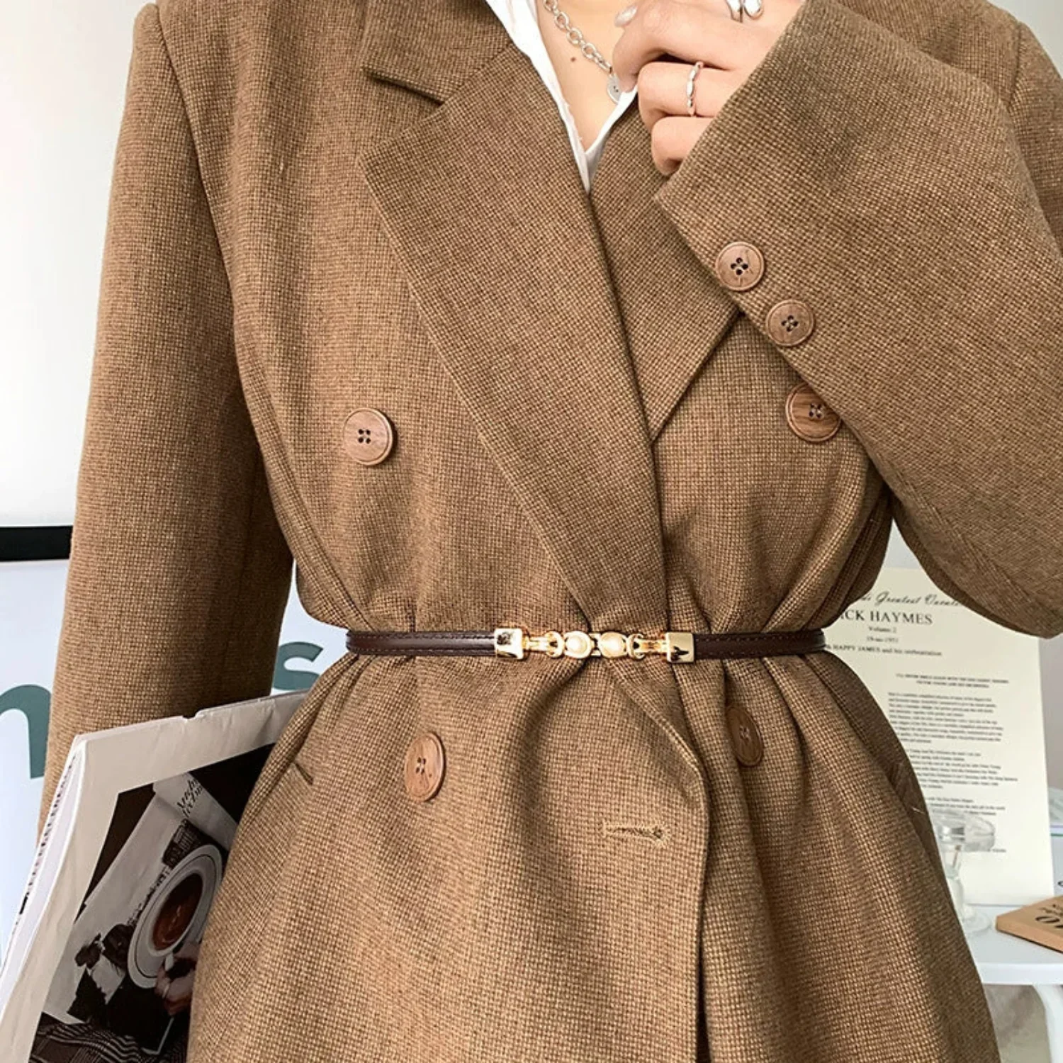 Women Brown Pearl Detail Skinny Belt - Image 2