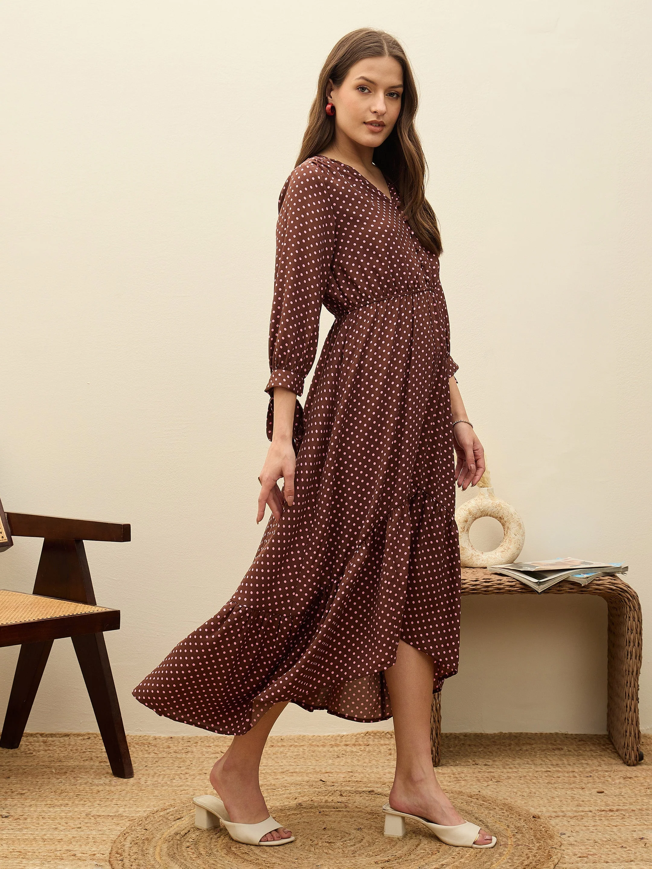 Women Brown Polka Dot Asymmetric Hem Maxi Dress - Image 3