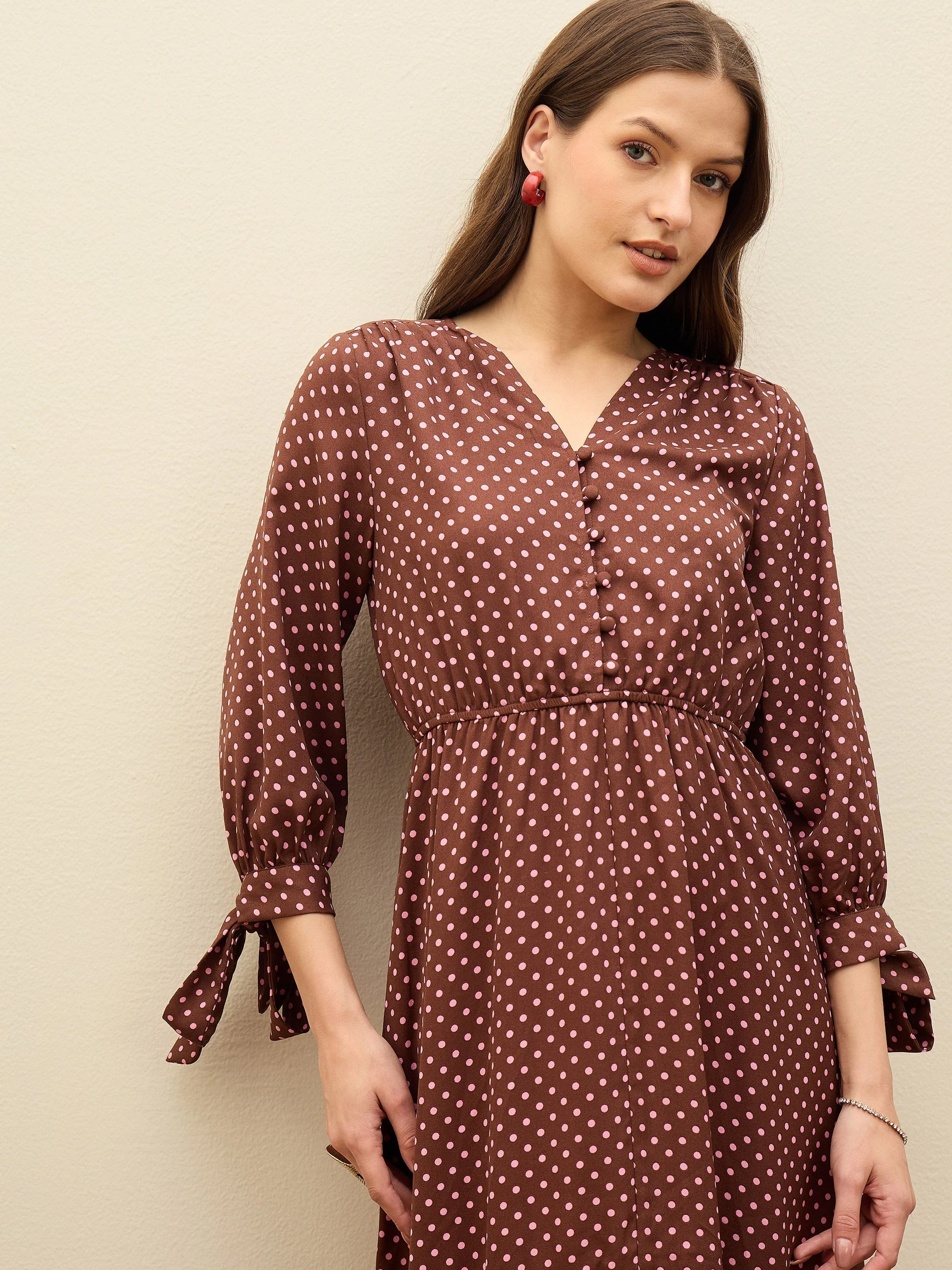 Women Brown Polka Dot Asymmetric Hem Maxi Dress - Image 4