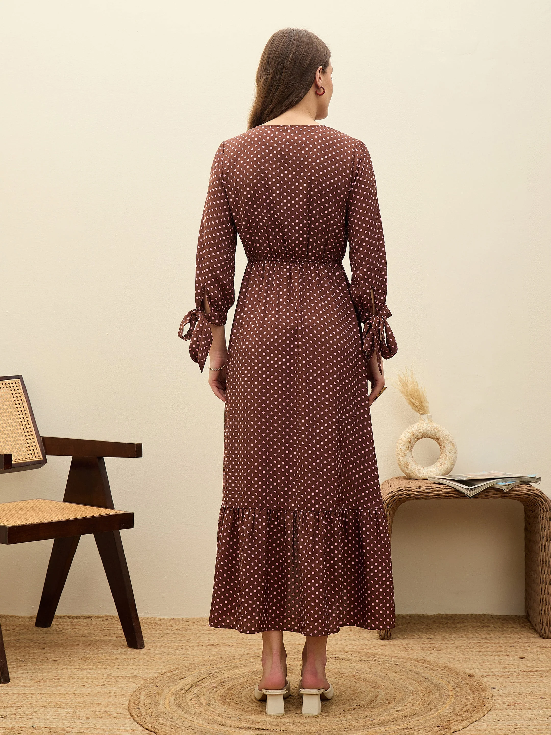 Women Brown Polka Dot Asymmetric Hem Maxi Dress - Image 5