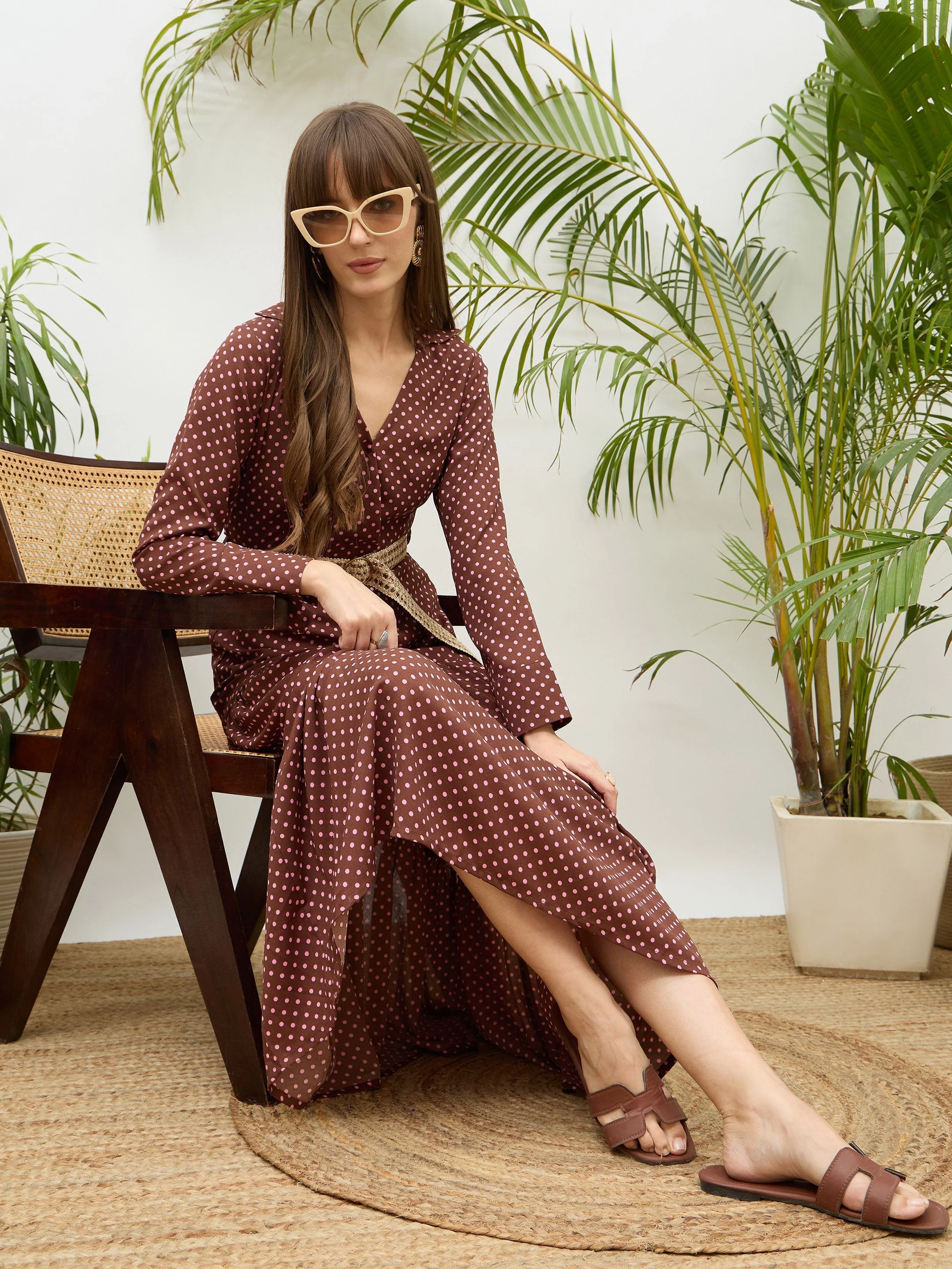 Women Brown Polka Dot Belted Tiered Maxi Dress - Image 2