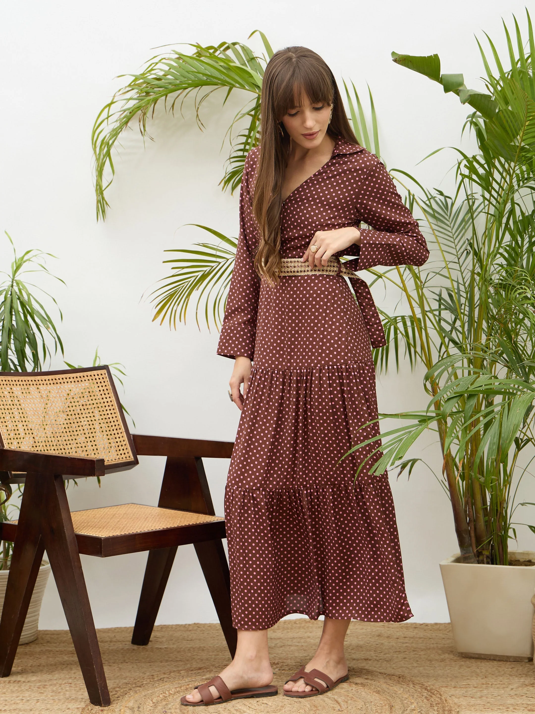Women Brown Polka Dot Belted Tiered Maxi Dress - Image 3