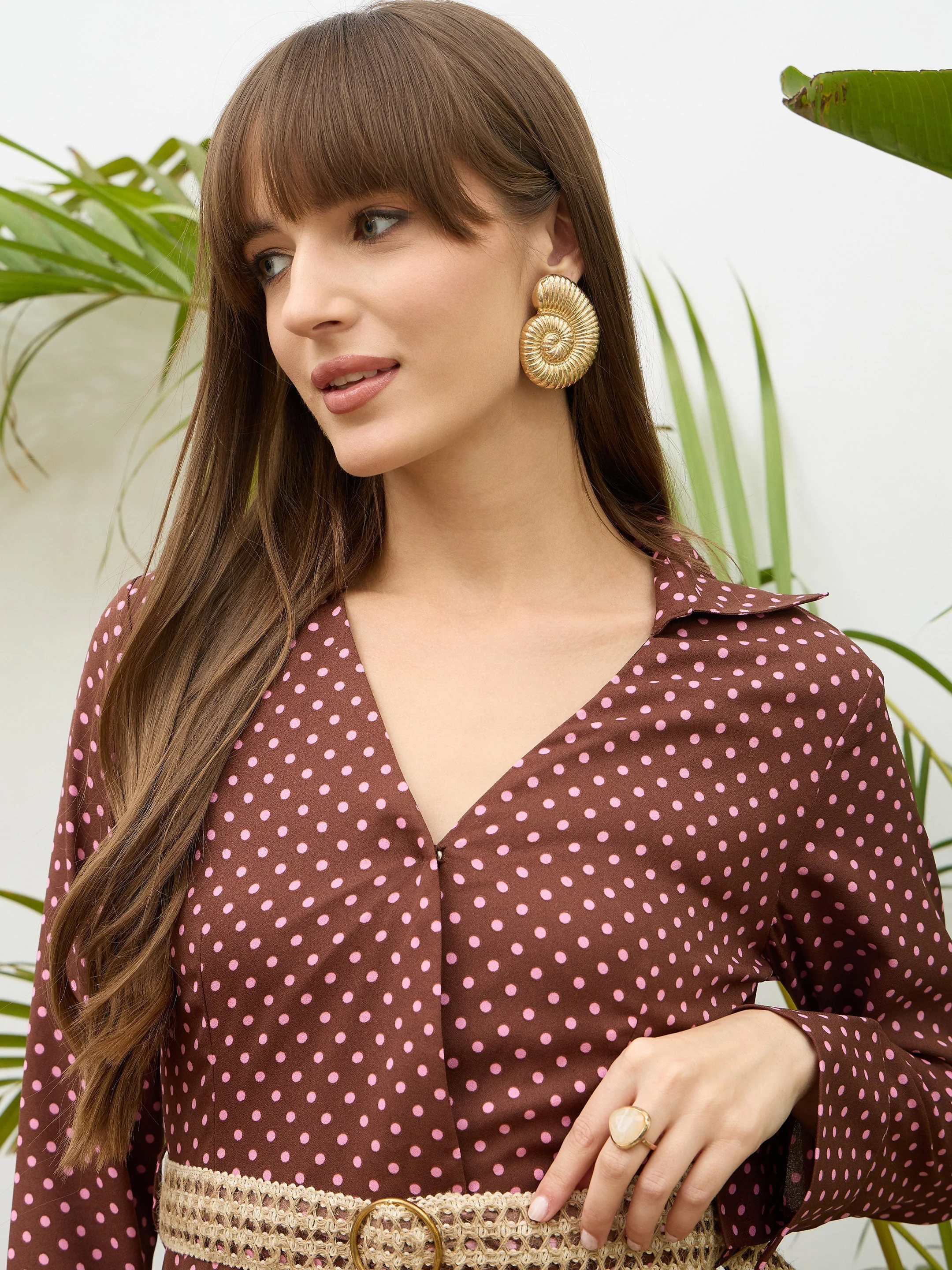 Women Brown Polka Dot Belted Tiered Maxi Dress - Image 4