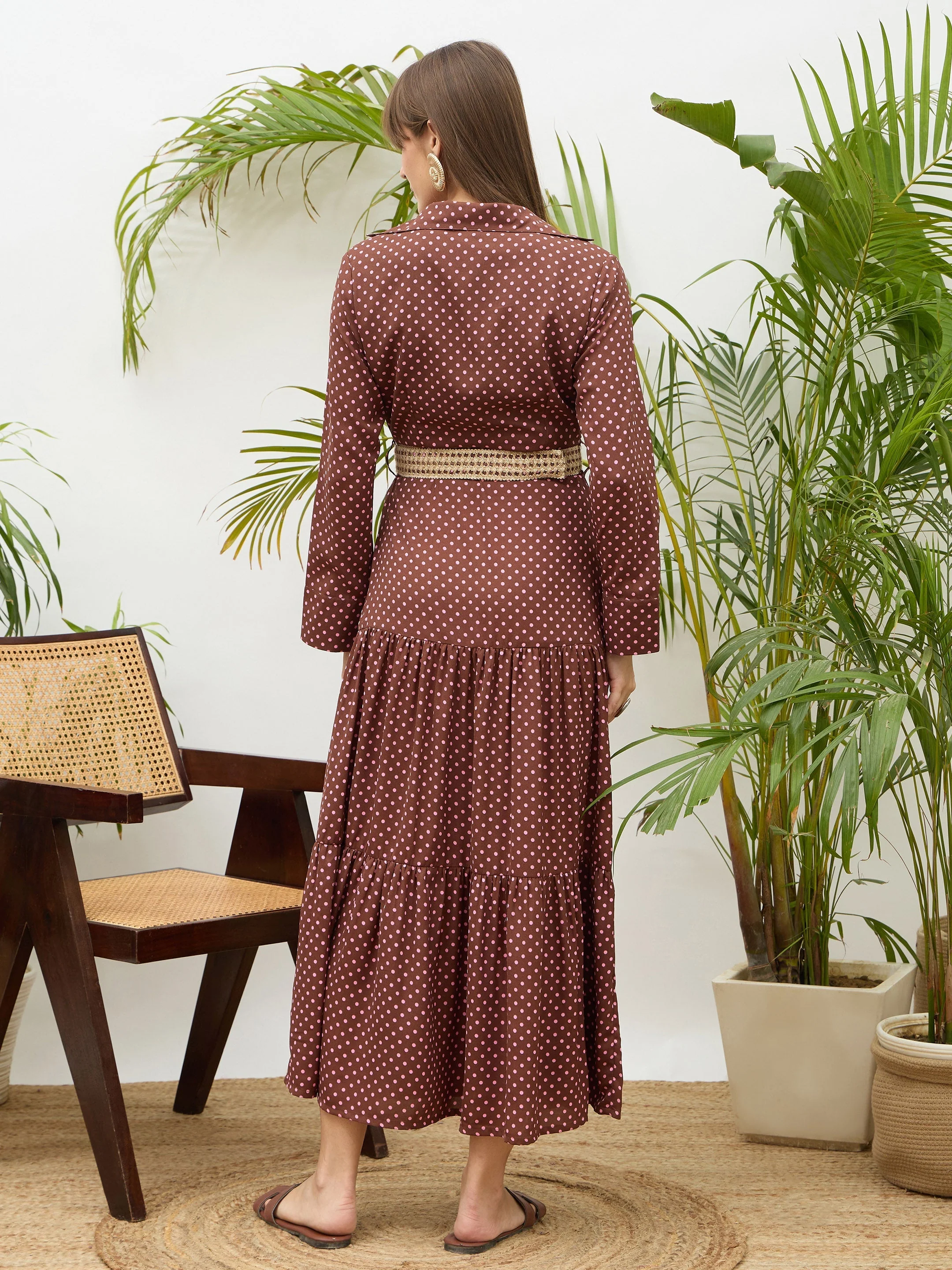 Women Brown Polka Dot Belted Tiered Maxi Dress - Image 5