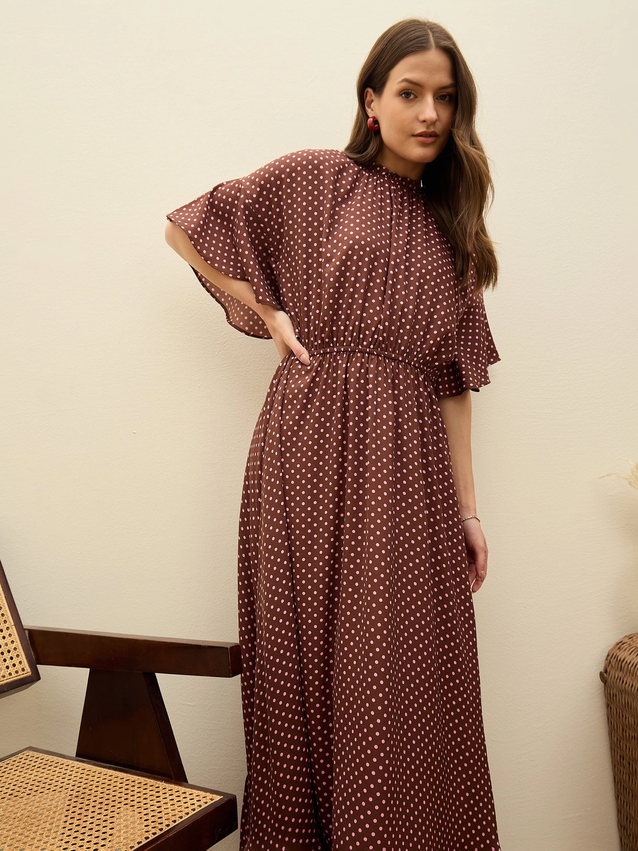 Women Brown Polka Dot Flared Hem Maxi Dress - Image 2