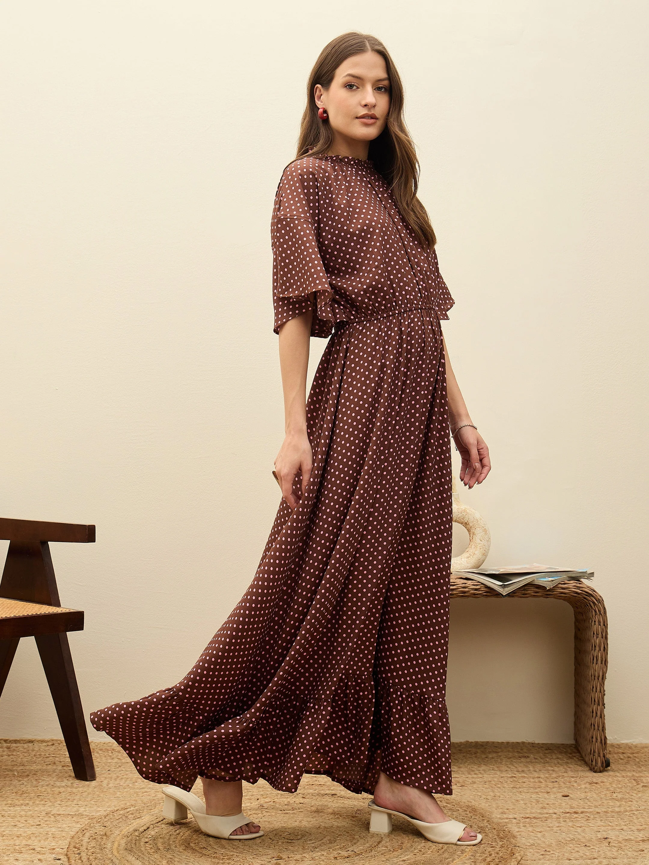 Women Brown Polka Dot Flared Hem Maxi Dress - Image 3