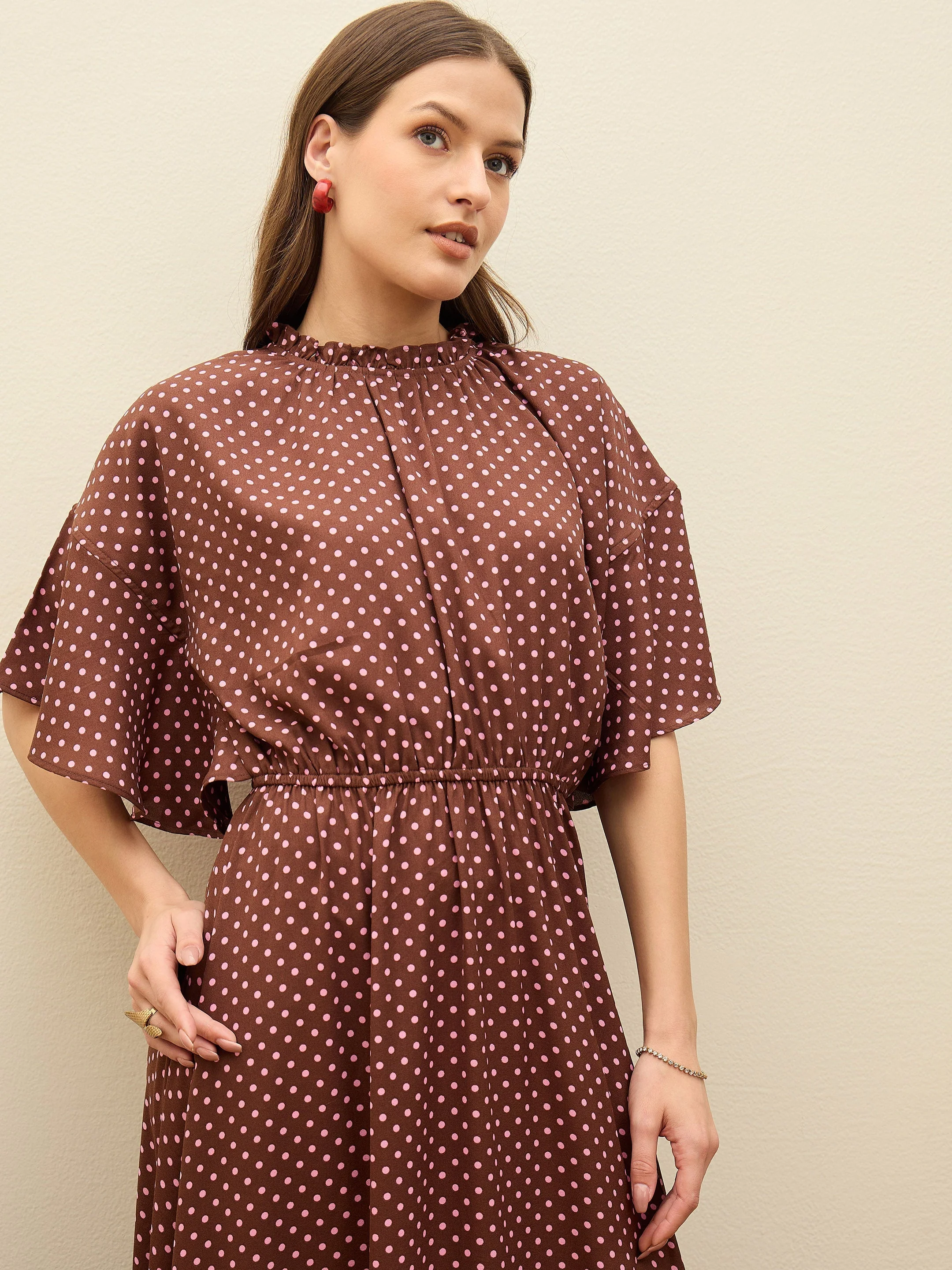 Women Brown Polka Dot Flared Hem Maxi Dress - Image 4