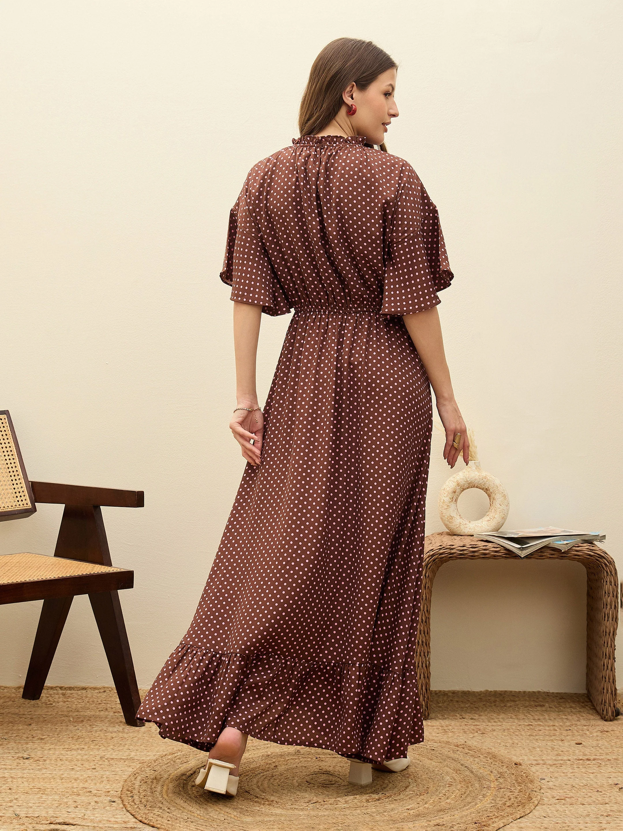 Women Brown Polka Dot Flared Hem Maxi Dress - Image 5