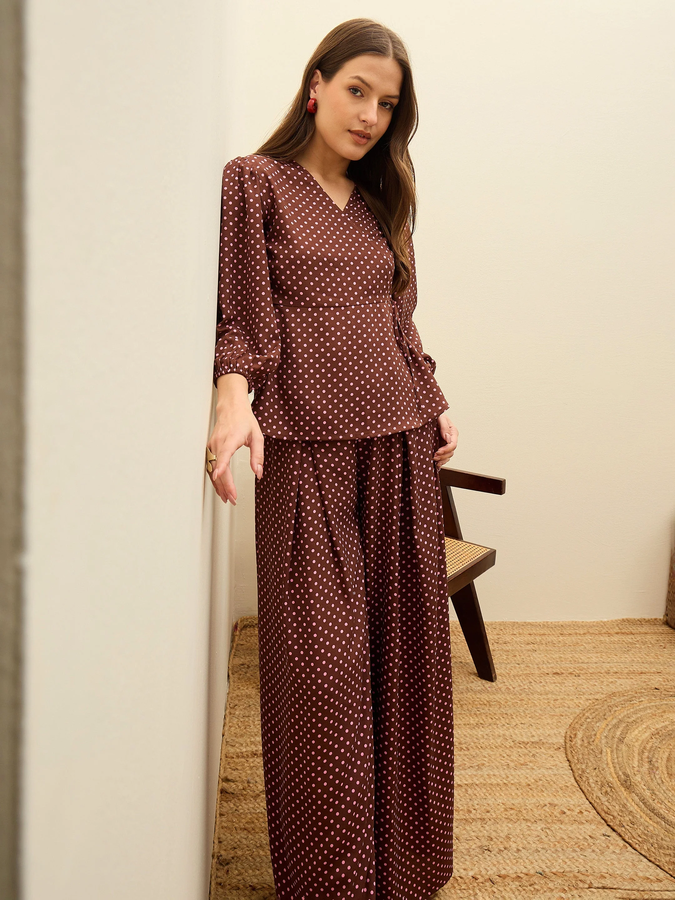 Women Brown Polka Dot Wrap Top With Flared Pants - Image 2