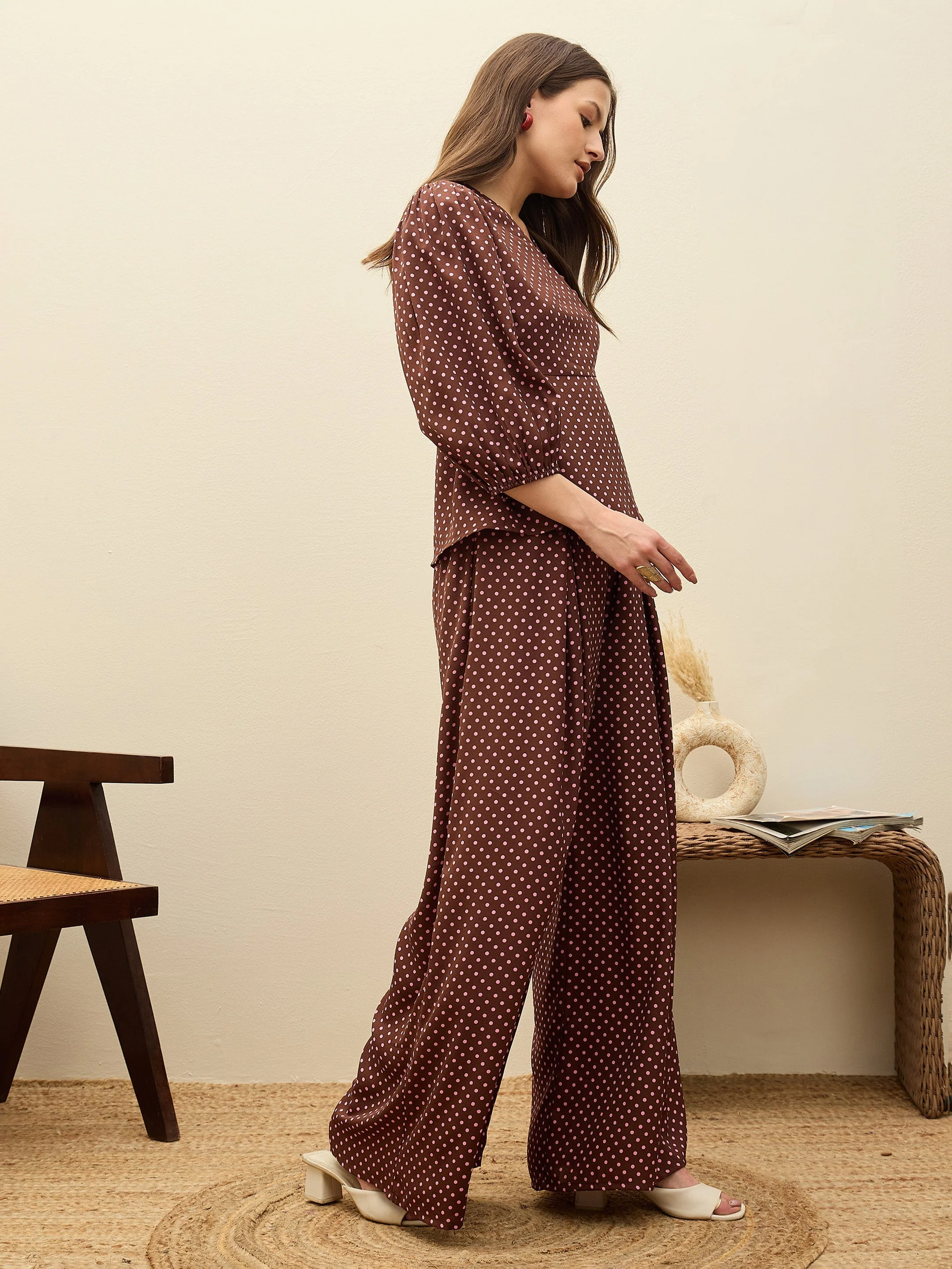 Women Brown Polka Dot Wrap Top With Flared Pants - Image 3