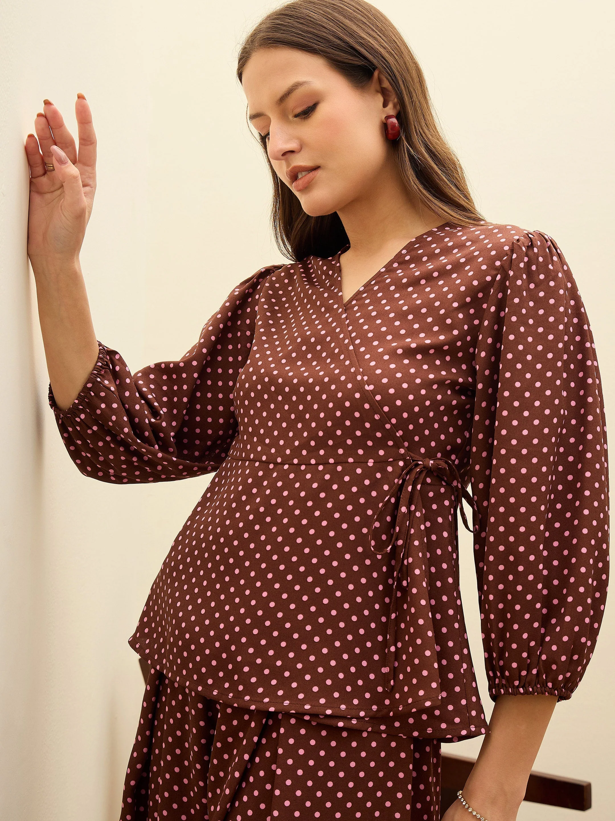 Women Brown Polka Dot Wrap Top With Flared Pants - Image 4