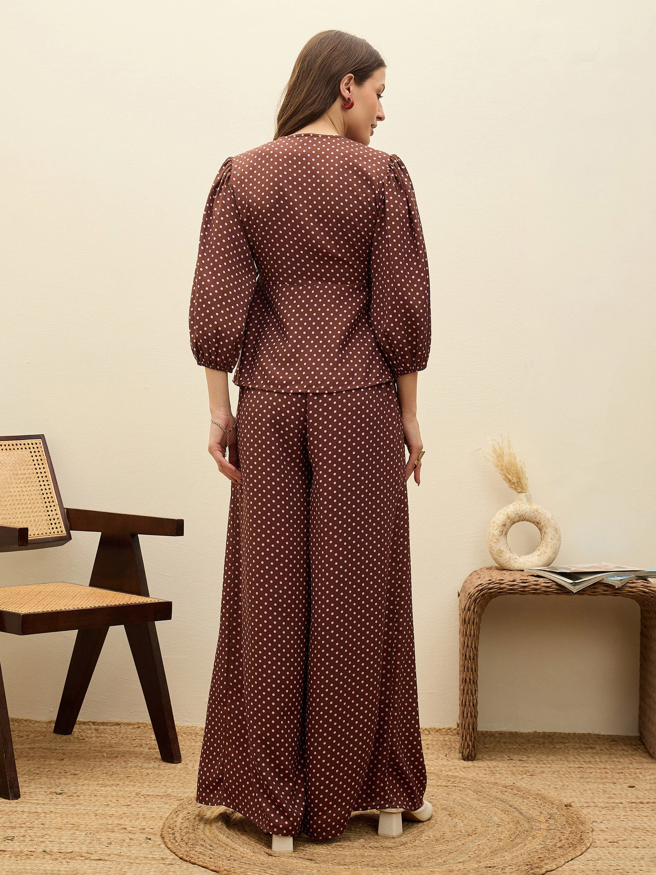 Women Brown Polka Dot Wrap Top With Flared Pants - Image 5