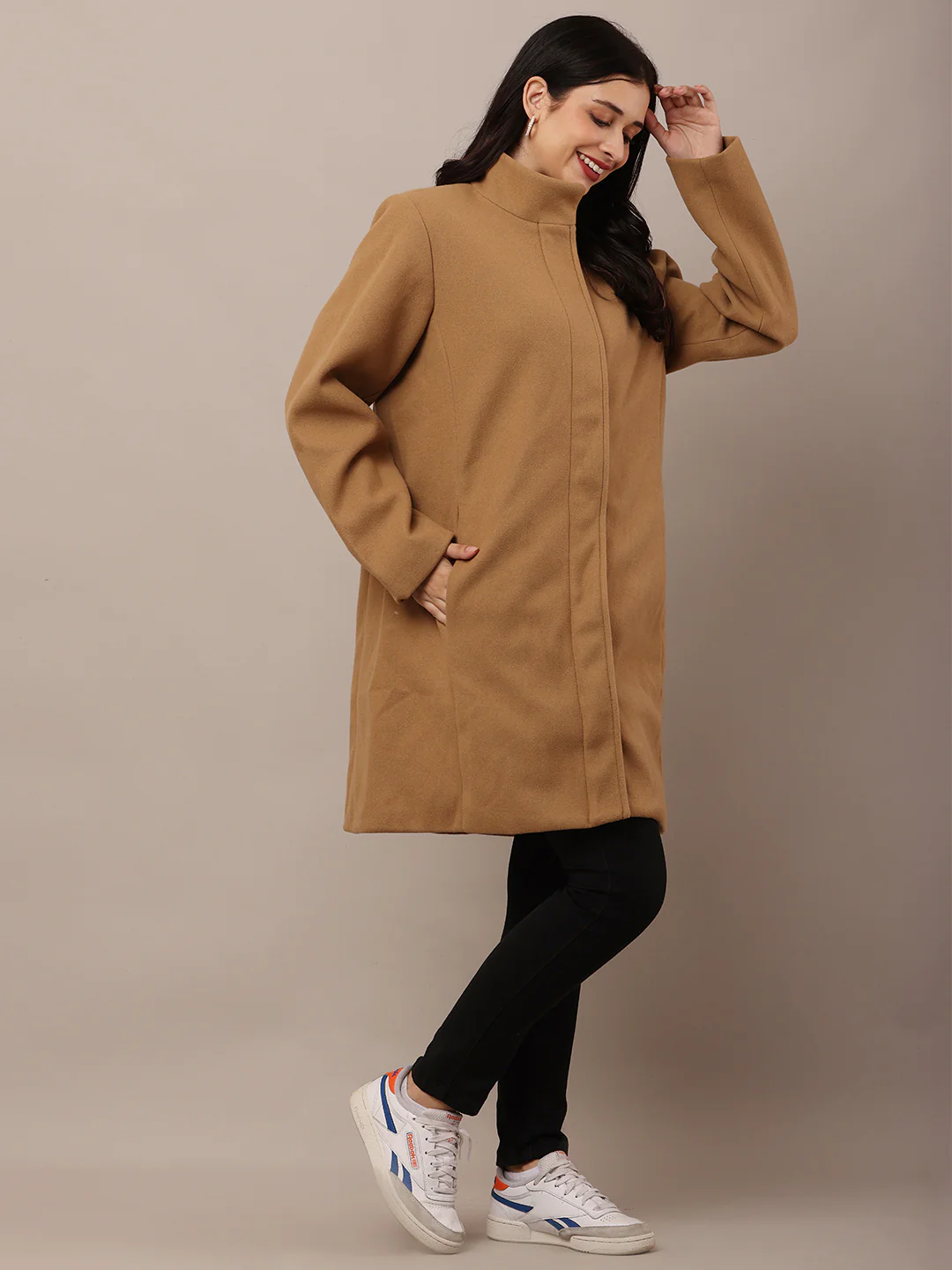 Women Brown Polyester High-Neck Stylish Trench Coat - Image 2