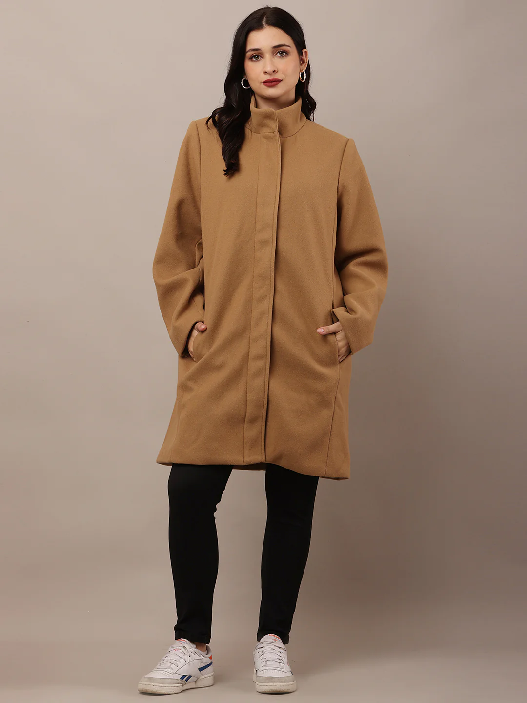 Women Brown Polyester High-Neck Stylish Trench Coat - Image 3