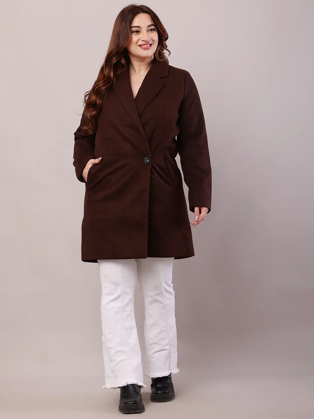 Women Brown Polyester Lapel Collar Trench Coat - Image 2