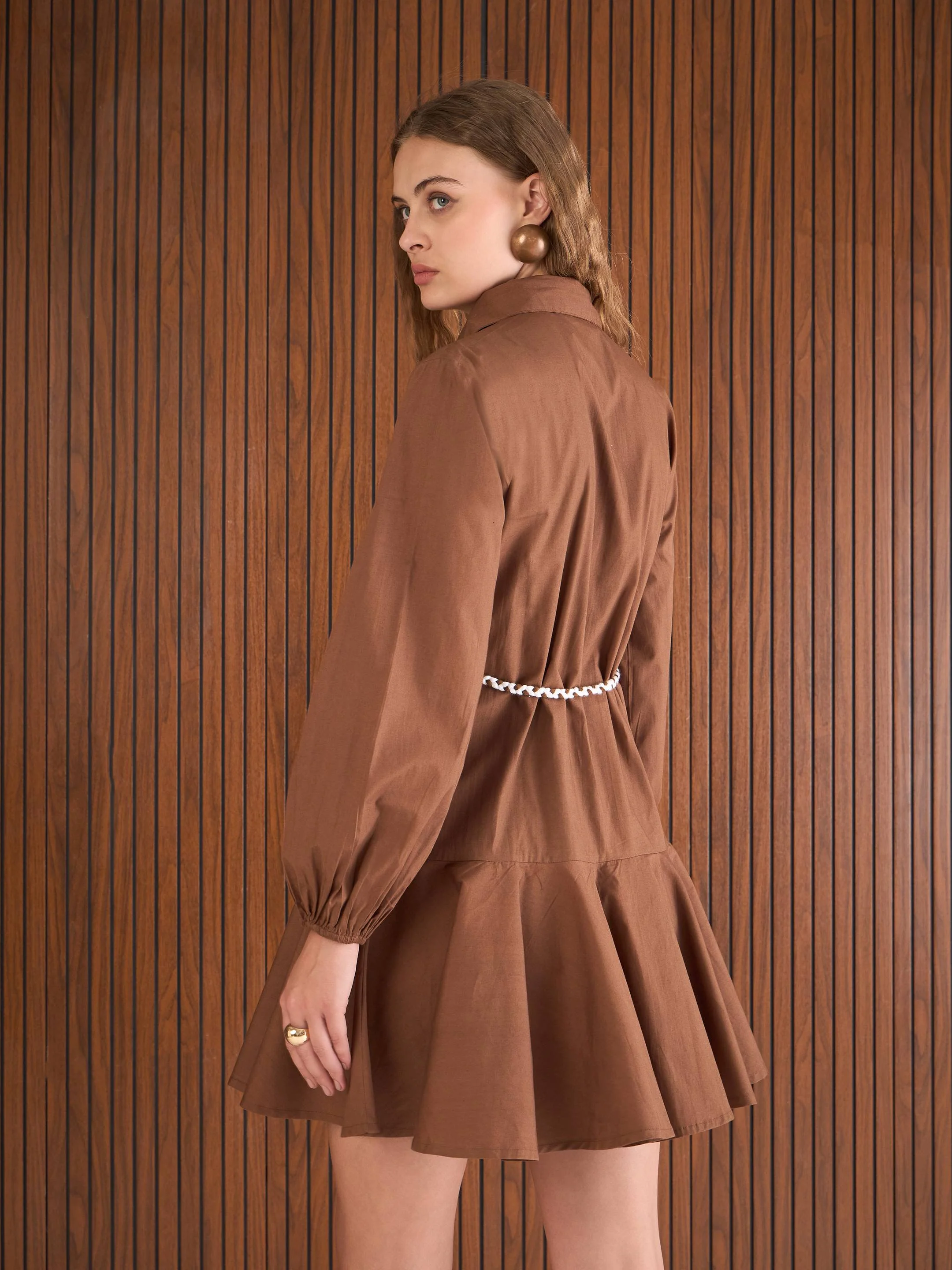 Women Brown Poplin Flared Skater Dress - Image 5