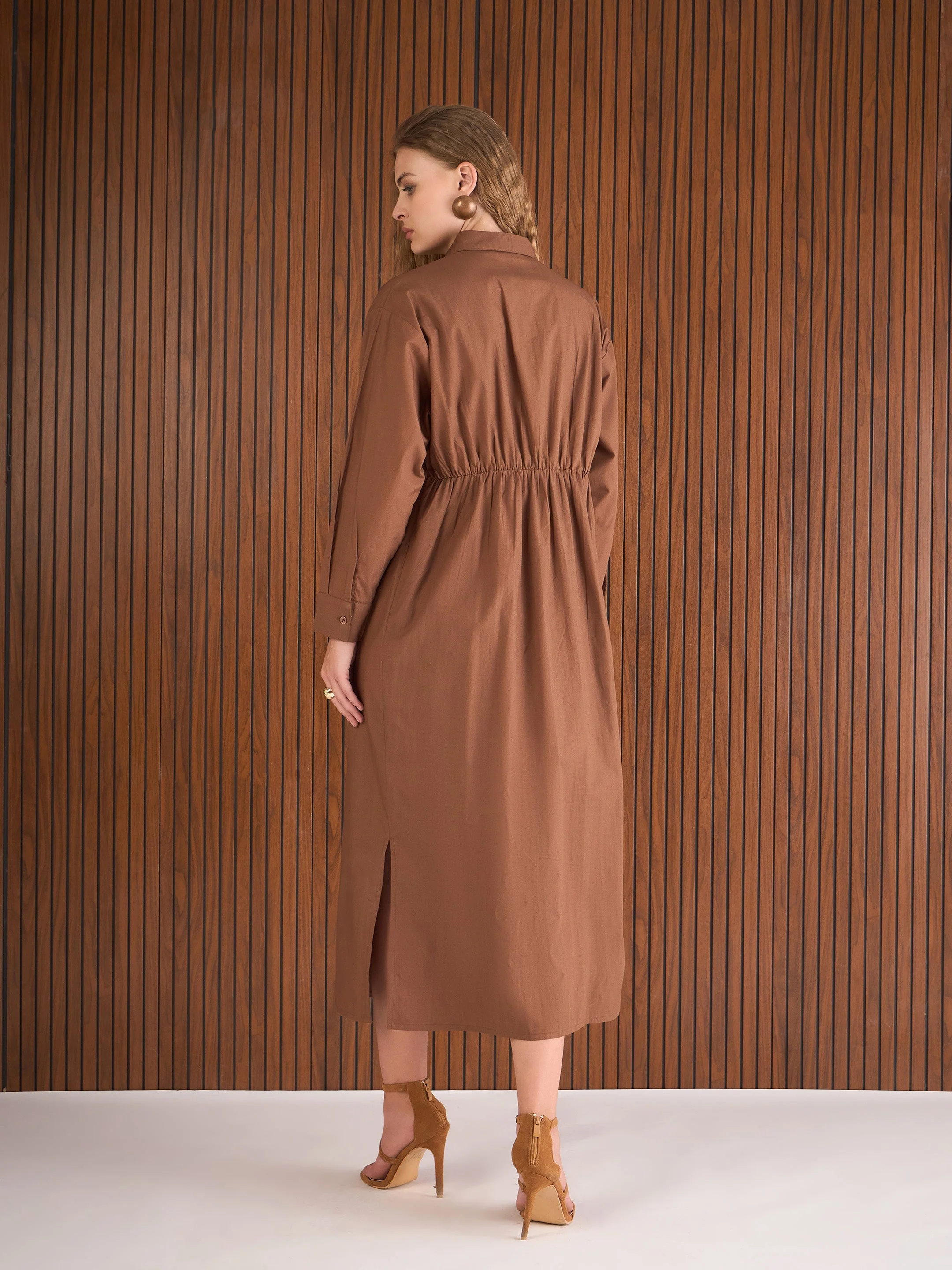 Women Brown Poplin Longline Shirt Dress - Image 2